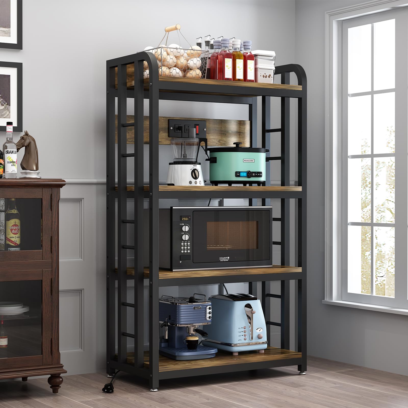 4-Tier Bakers Rack with Power Outlet & Storage - Free Standing Kitchen Organizer for Baking, Living Room, Dining Room & Coffee Bar - Space-Saving Multi-Purpose Shelf (Brown) - Perfect for Small Spaces, Home Decor & Entertaining Guests