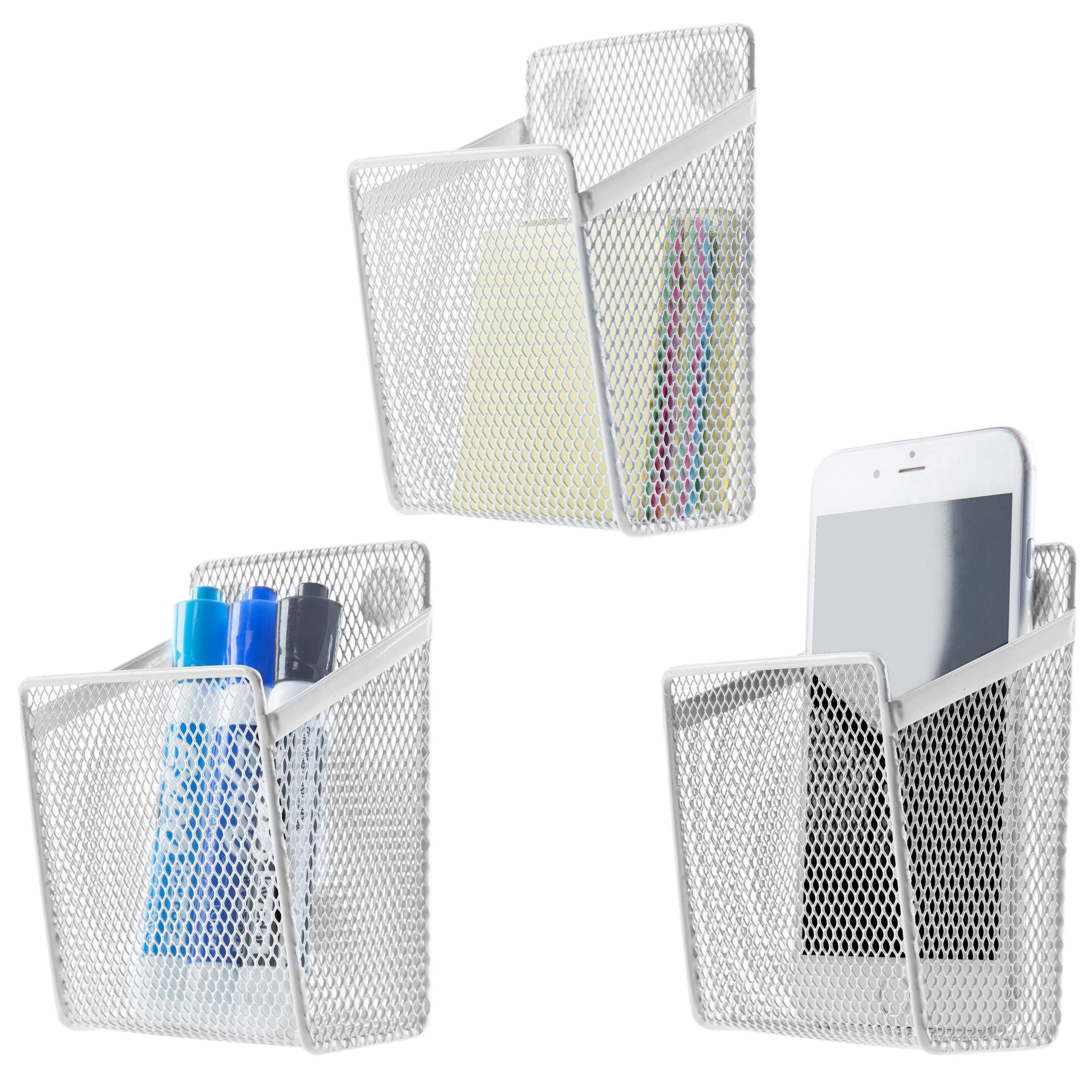 MyGift White Wire Mesh Magnetic Storage Baskets - Set of 3, Office & Home Organizer for Desk, Kitchen, Bathroom, Refrigerator - Durable Metal Mesh Bins for Office Supplies, Spices, Cosmetics & More