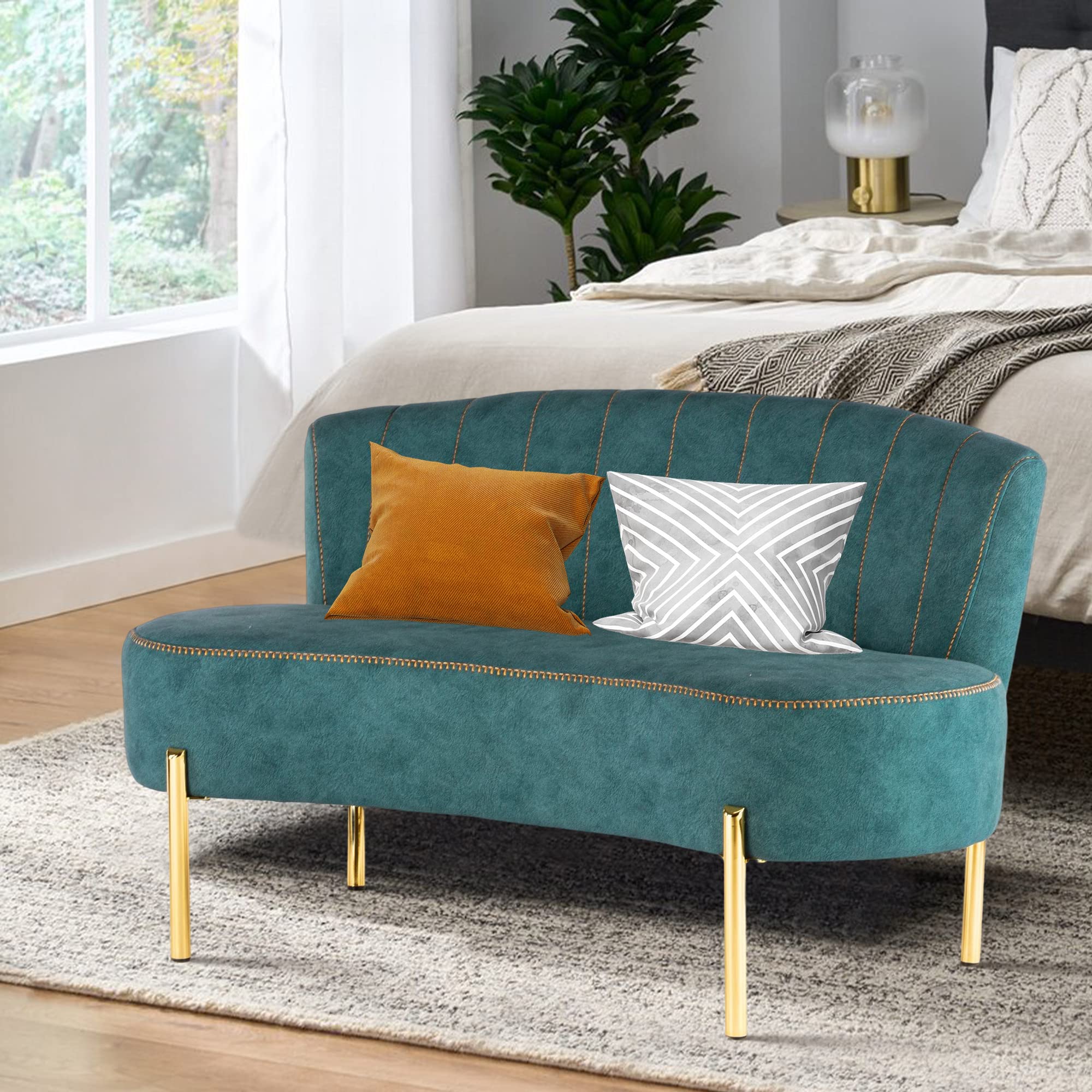Annjoe Upholstered Loveseat Settee Sofa with Backrest & Golden Metal Legs - Modern Couch Bench for Living Room, Bedroom, Dining Room | Perfect for Small Spaces, Reading Nook & Cozy Seating