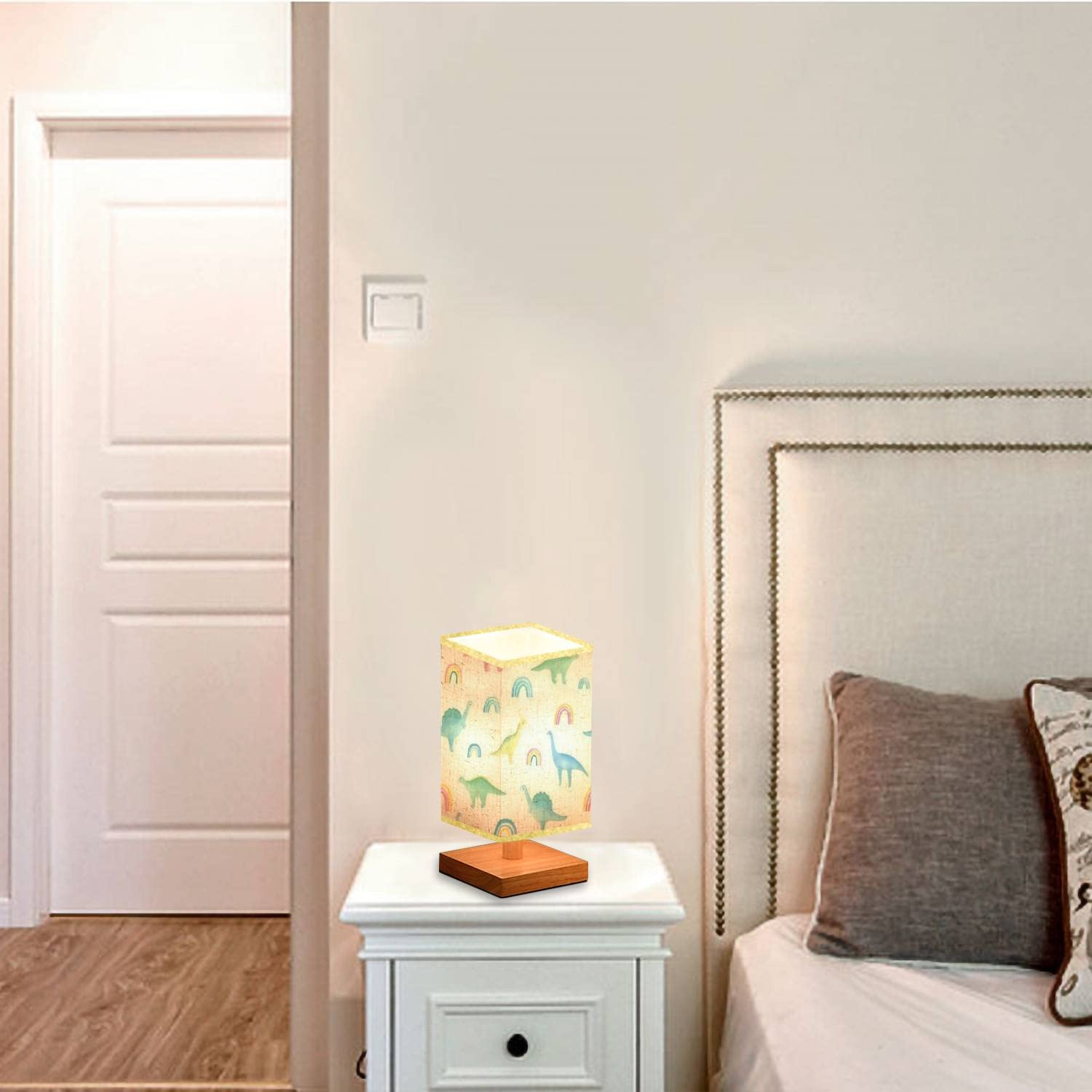Dimmable Dinosaur Kids Nightstand Lamp - Wooden Base with Flaxen Fabric Shade, Square Bedside Table Light for Children's Room, Nursery, Bedroom & Living Room | Perfect Reading Light and Cozy Nightlight for Bedtime