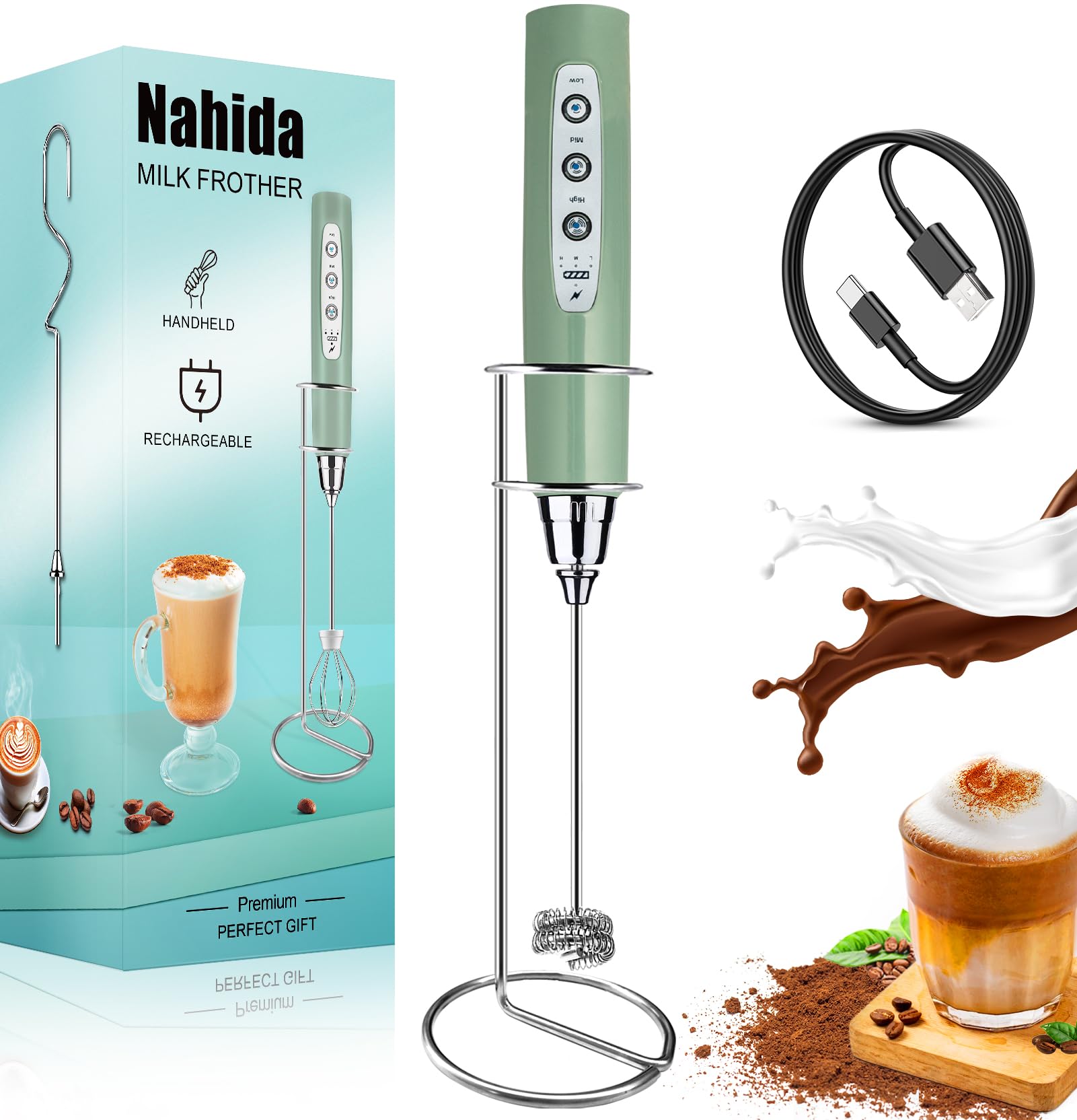 Nahida Rechargeable Electric Milk Frother Wand for Coffee, Latte & Cappuccino with Stand - Granite Gray - Perfect for Home, Office & Coffee Shops