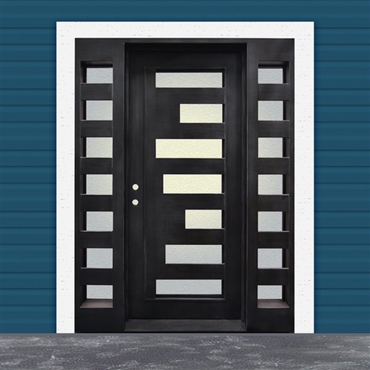 Aleko Matte Black Iron Square Top Geometric Embossed Single Door with Frame and Threshold - 81 x 62 x 6 Inches - Modern Security Door for Home Entry, Patio, or Garage - Rust-Resistant & Durable Exterior Door