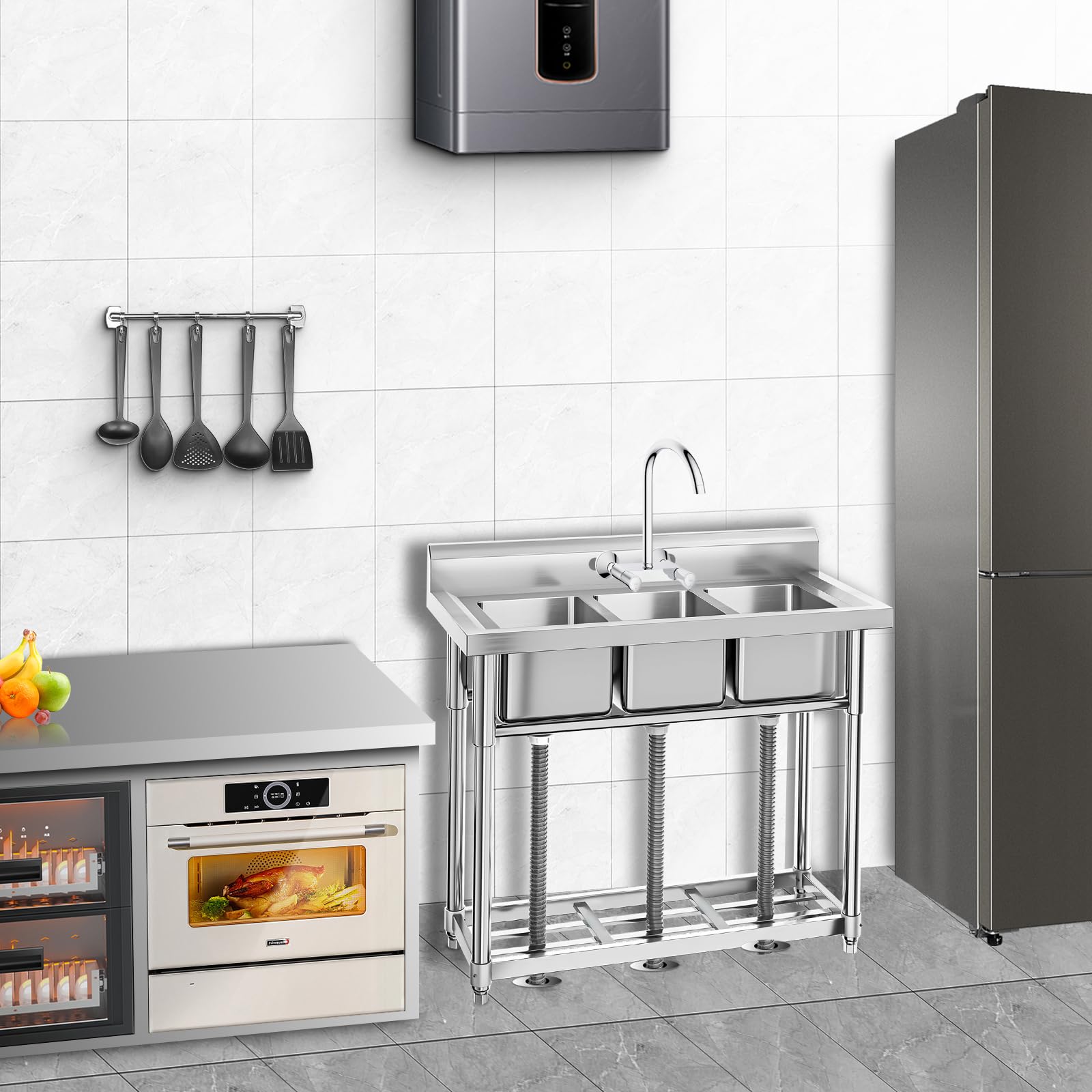 GARVEE 3-Compartment Stainless Steel Commercial Kitchen Sink with Storage Shelves - 39.3 x 37 x 17.7 Inch Freestanding Prep Sink for Restaurants, Laundry Rooms, Garages & Workshops | Heavy-Duty Utility Sink for Food Prep, Dishwashing & Cleaning Tasks
