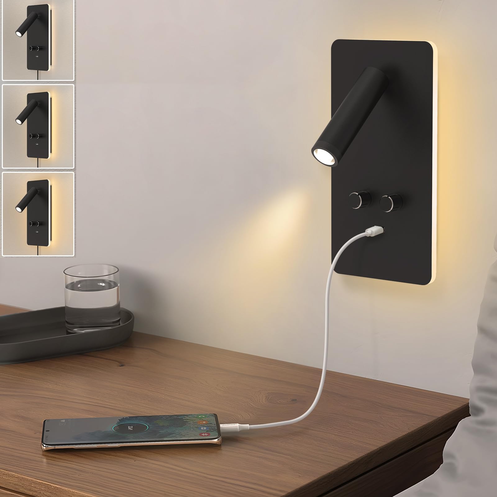 Dimmable LED Wall Mounted Reading Light - Adjustable 0.9-3.7W & 1.2-6W Backlight with USB Port - Modern Wall Sconce for Bedroom, Living Room & Study - Black
