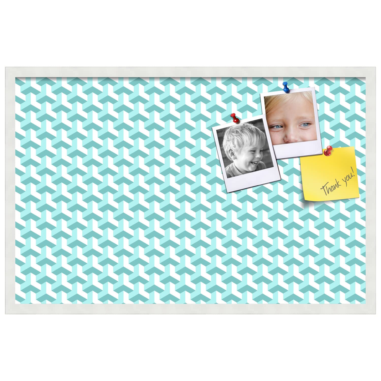 PinPix 34x22 Inch Cork Bulletin Board with BAUS Aqua Design & Satin White Frame - Stylish Wall Organizer for Home Office Decor, School Classroom, Dorm Room & Workspace (PinPix-1626)