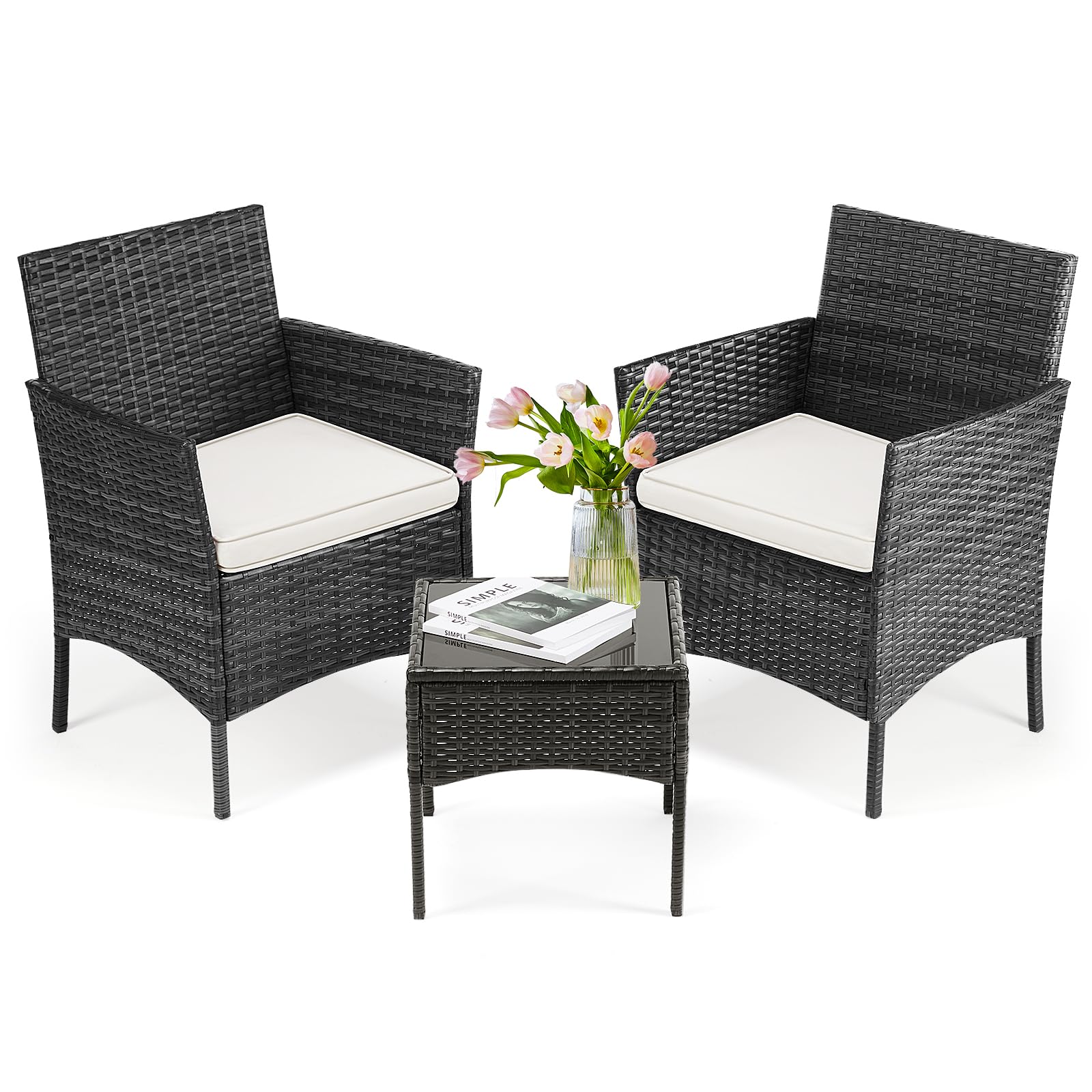 DUMOS 3-Piece Patio Furniture Set - Outdoor Wicker Rattan Sofa & Coffee Table - Modern Garden Conversation Set for Terrace, Porch, Balcony, Lawn (Black & Beige) | Perfect for Outdoor Relaxation & Entertaining
