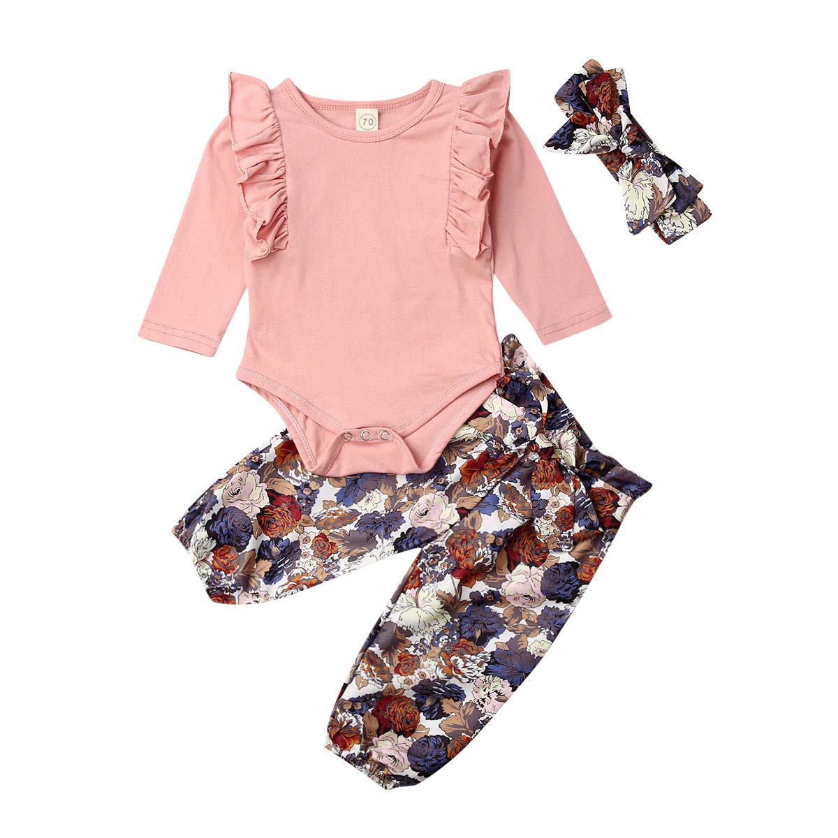 3PCS Newborn Baby Girl Clothes Set - Floral Ruffle Romper Bodysuit with Pants & Headband Outfits | Perfect for Photoshoots, Birthday Parties & Daily Wear