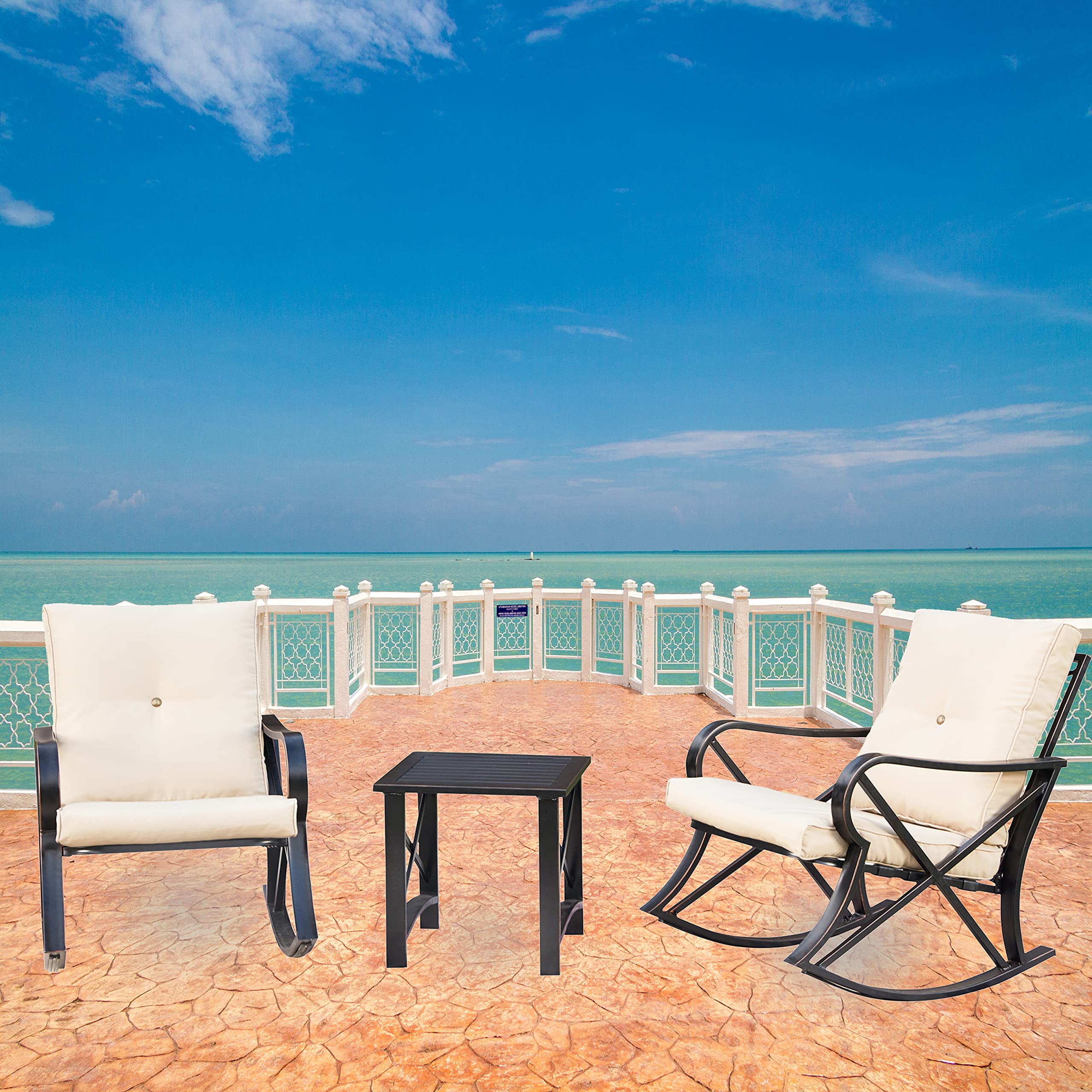 LOKATSE HOME 3-Piece Patio Outdoor Rocking Chair Bistro Set with Coffee Table - Khaki Wicker Furniture for Garden, Porch, Backyard & Poolside Relaxation