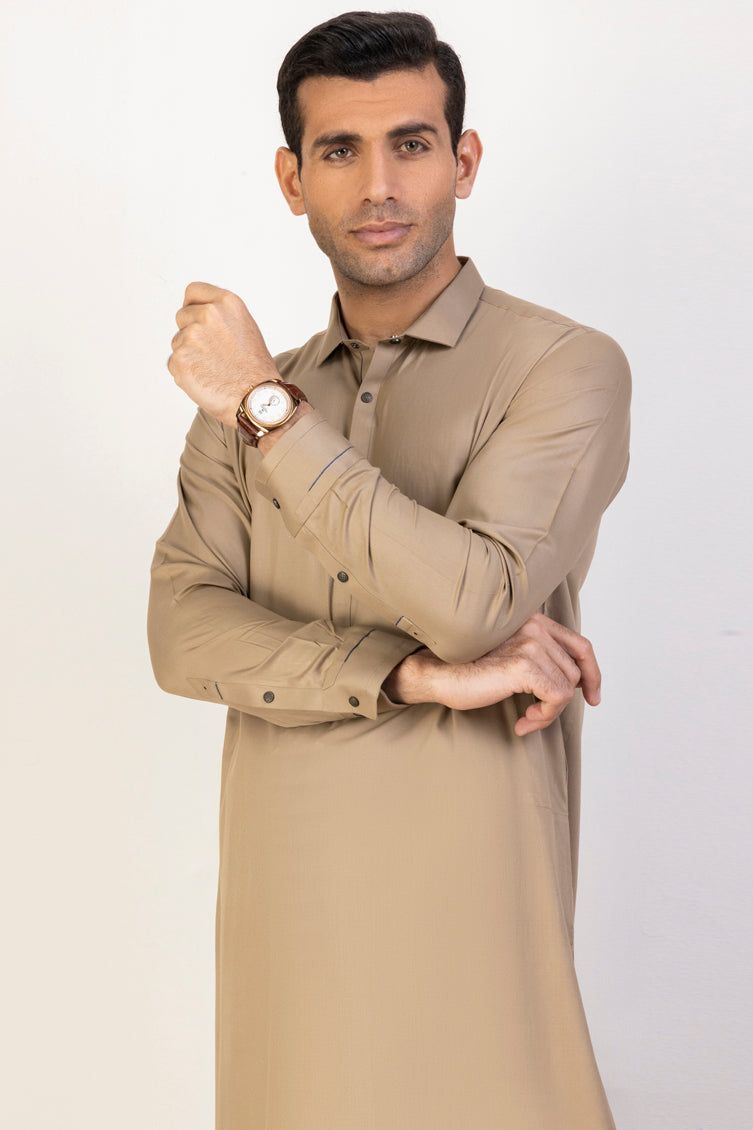 Blended Khaki Kameez Shalwar by J. Junaid Jamshed | Traditional Pakistani Outfit for Men | Perfect for Eid, Weddings & Special Occasions