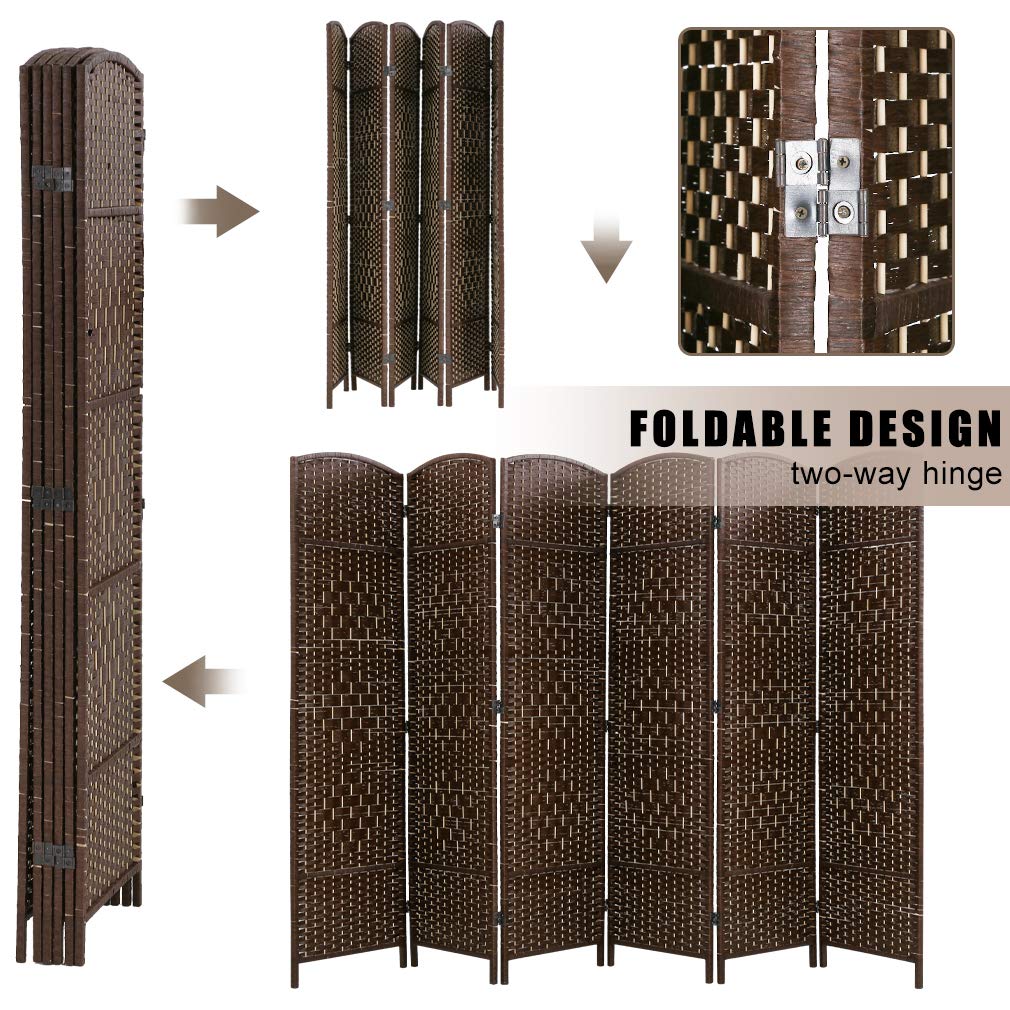 HGS 6 Panel Wooden Room Divider - 6FT Foldable Privacy Screen, Freestanding Partition with Weave Fiber Design in Brown | Perfect for Home Office, Bedroom Separation, and Event Spaces