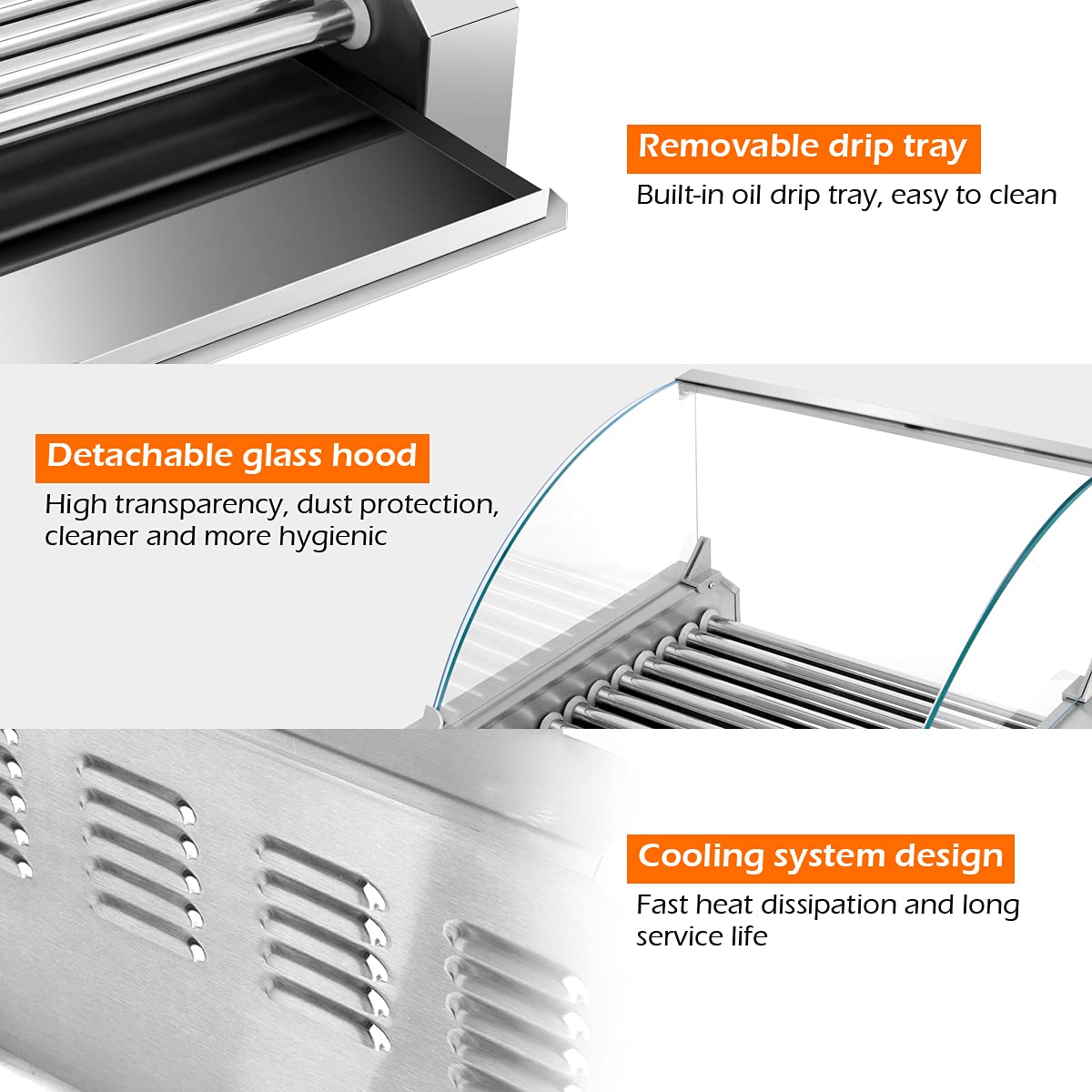 Electric Hot Dog Roller Machine - Commercial 30 Hot Dog 11 Non-Stick Roller Grill with Removable Stainless Steel Drip Tray & Glass Hood Cover - Countertop Sausage Warmer for Restaurants, Convenience Stores & Food Trucks