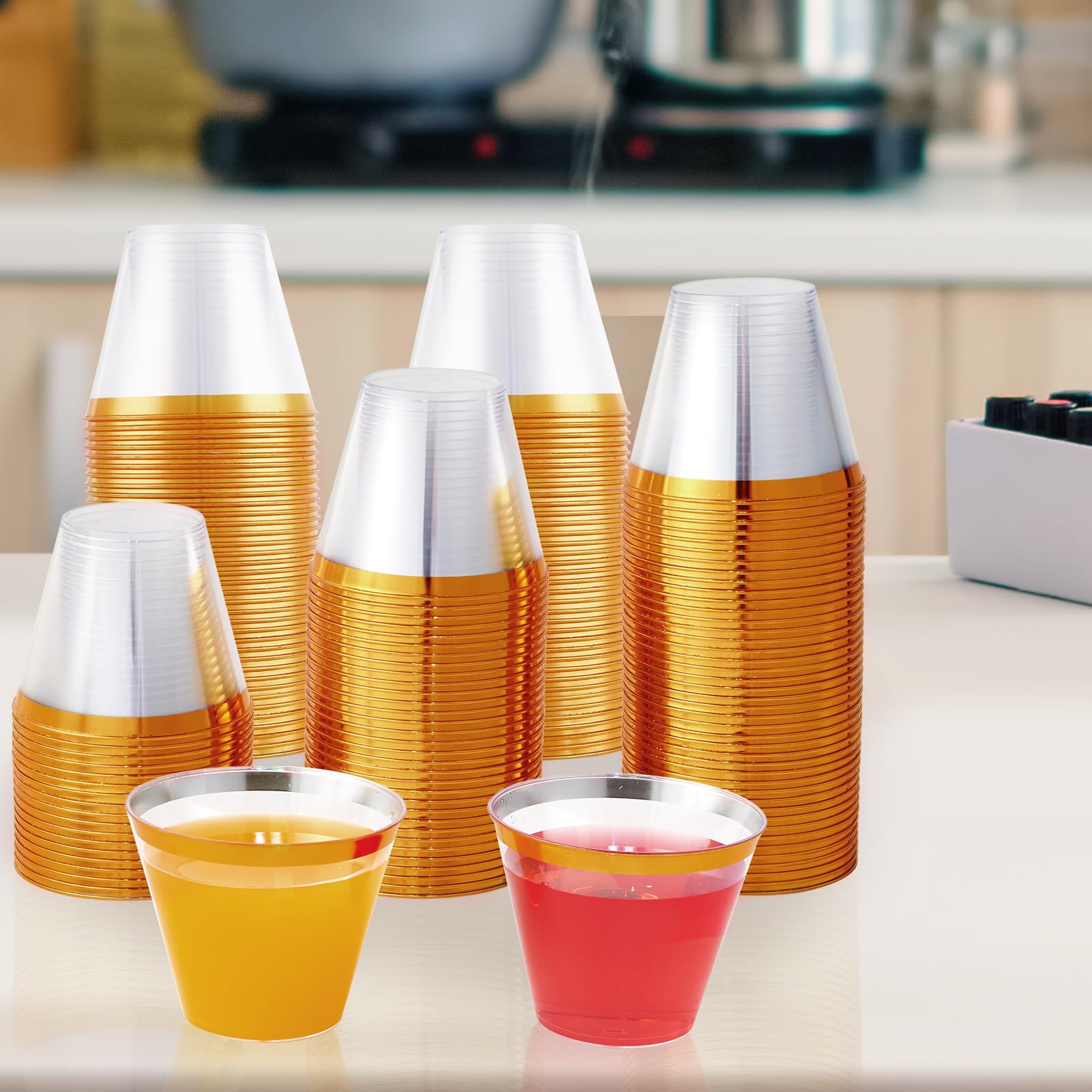 JOLLY CHEF 100 Pack 9 oz Gold Rim Plastic Cups - Clear Disposable Tumblers for Wedding, Christmas Party, Thanksgiving & Events - Elegant Drinking Glasses for Cocktails, Juice, Soda & Beverages