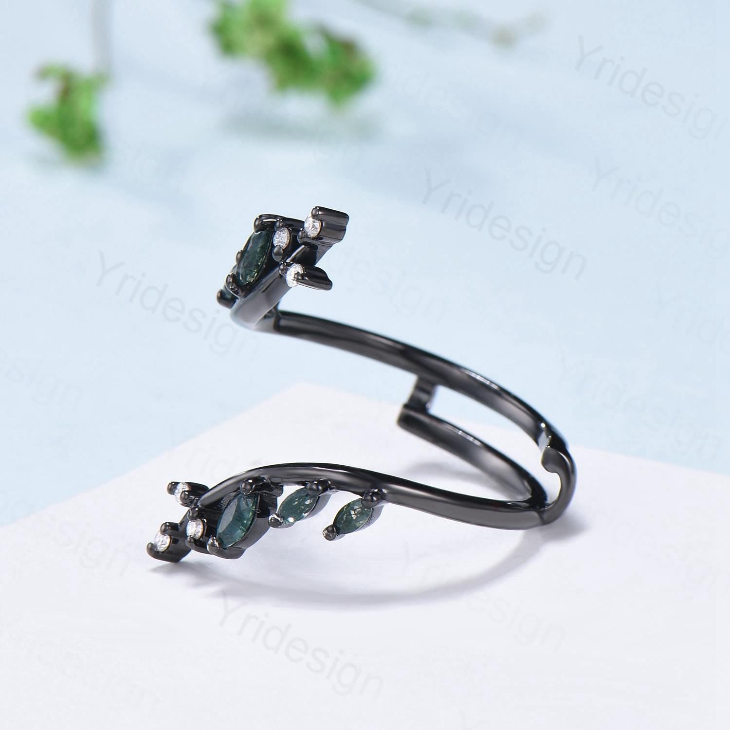 Gothic Black Gold Moss Agate Wedding Band for Women - Nature Inspired Marquise Cut Green Agate Ring - Unique Double Enhance Matching Stackable Band - Perfect for Weddings, Anniversaries & Boho Fashion