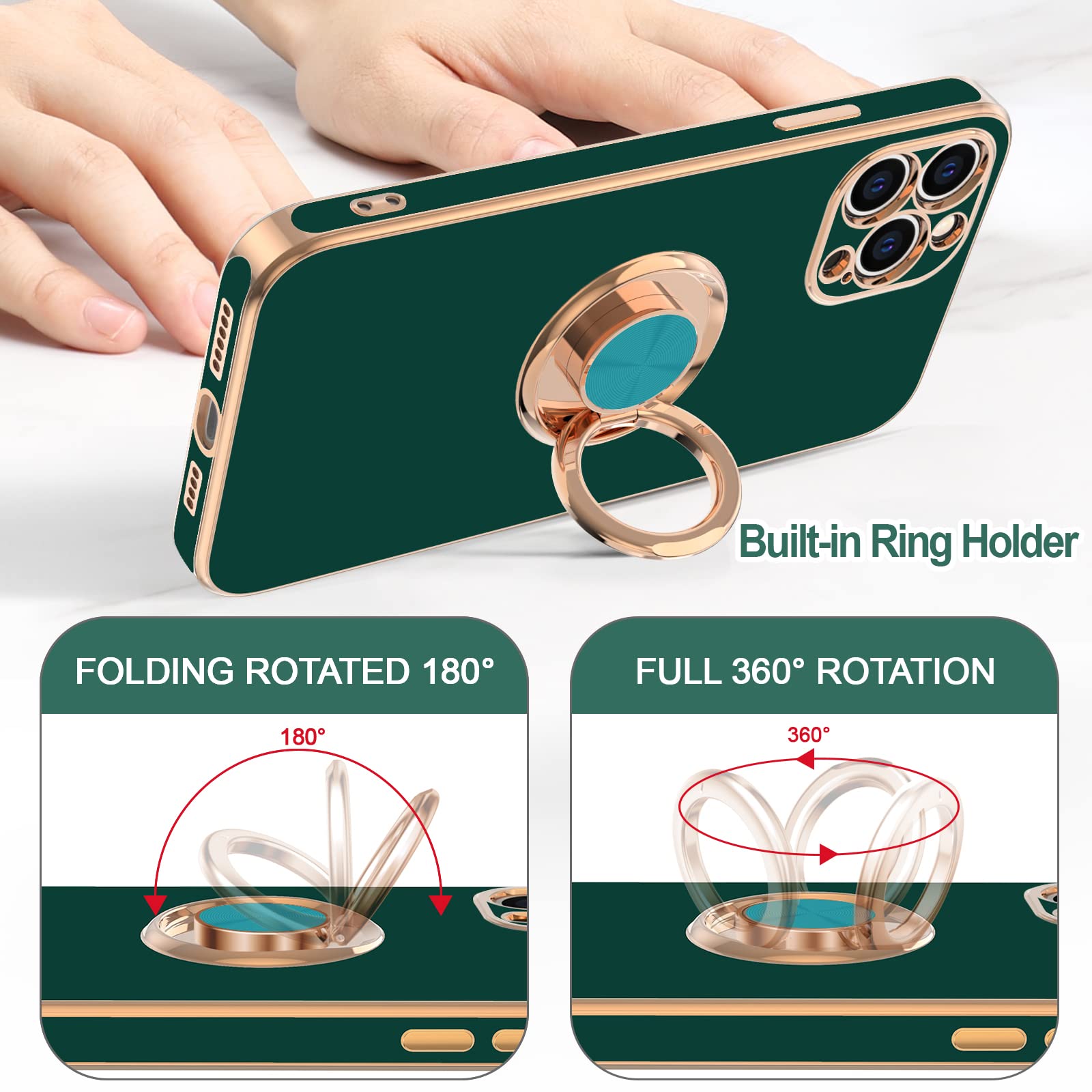 Hython Magnetic Phone Case for iPhone 12 Pro Max - 360° Rotatable Ring Stand with Kickstand, Soft Microfiber Lining & Rose Gold Plated Edge - Protective Cover in Midnight Green | Perfect for Work, Travel and Hands-Free Viewing