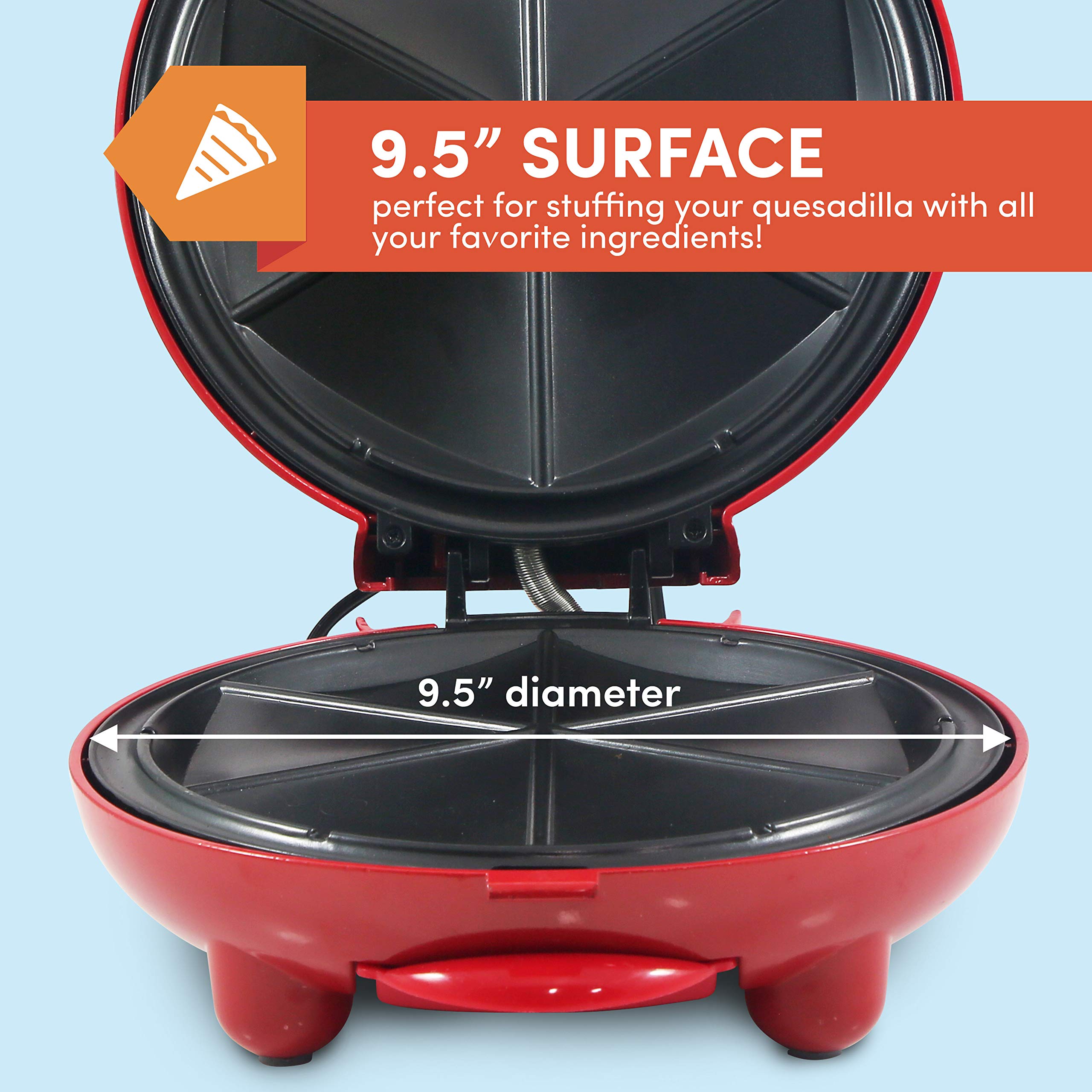 Elite Gourmet EQD-413 Electric 8-Inch Non-Stick Quesadilla Maker with Easy-Slice 6-Wedge Design - Perfect for Grilled Cheese, Corn Tortillas & Snacks (Red) - Ideal for Quick Meals, Parties & Family Gatherings