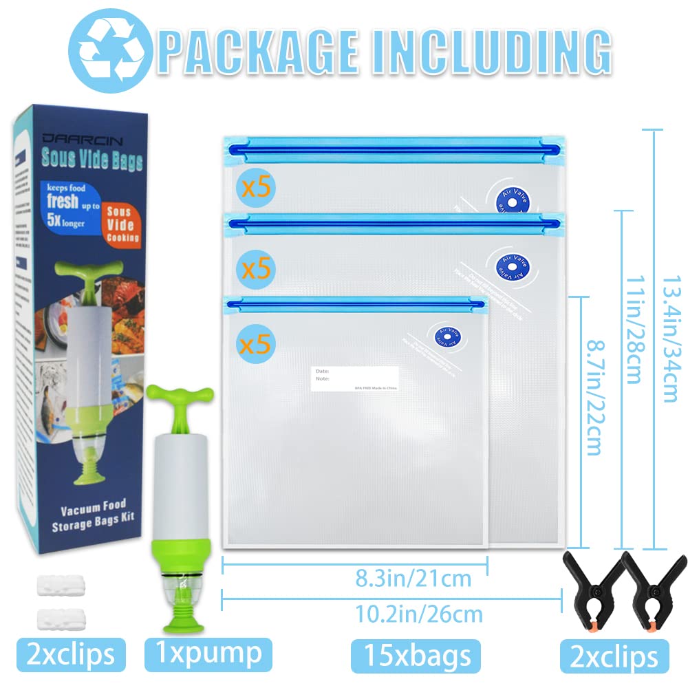 Daarcin 20-Pack Sous Vide Bags Kit with Hand Pump - 3 Sizes (15 BPA-Free Reusable Vacuum Sealer Bags, 2 Zipper Clips, 2 Clamps) for Food Storage, Meal Prep & Sous Vide Cooking - Perfect for Home Chefs & Kitchen Enthusiasts
