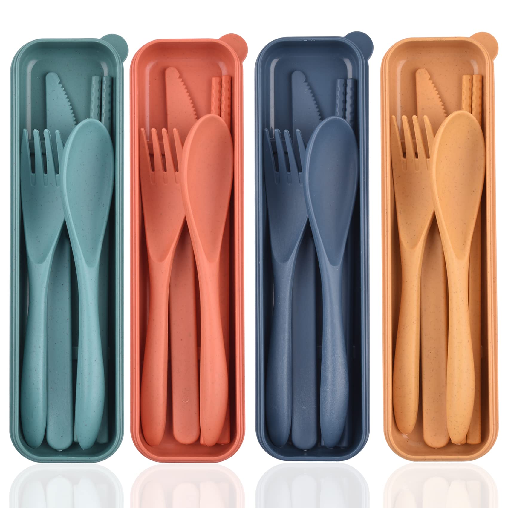 Eco-Friendly Reusable Utensils Set with Travel Case - 4 Pack Wheat Straw Cutlery Set (Spoon, Fork, Knife & Chopsticks) | Portable Lunch Box Utensils for Kids & Adults | Perfect for Camping, Picnics & Office Lunch