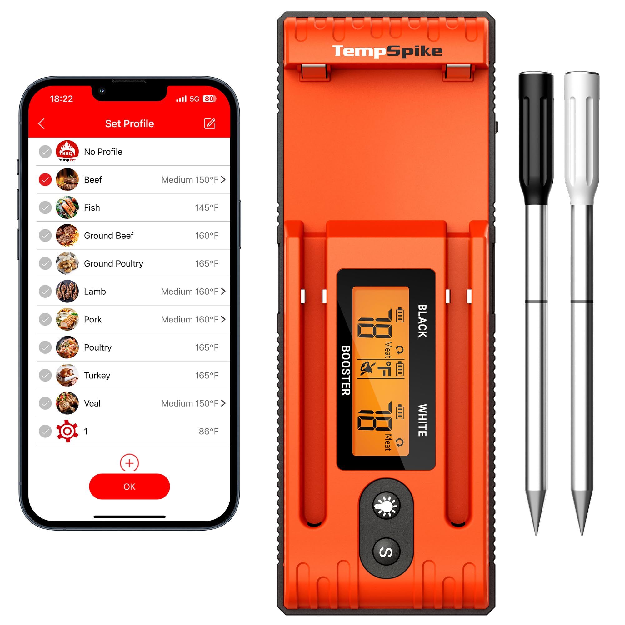 ThermoPro TempSpike Wireless Meat Thermometer with 2 Probes - 500FT Bluetooth Range for Cooking Turkey, Beef, BBQ & Smoker - LCD Enhanced Booster | Perfect for Grilling, Roasting, Smoking & Oven Cooking