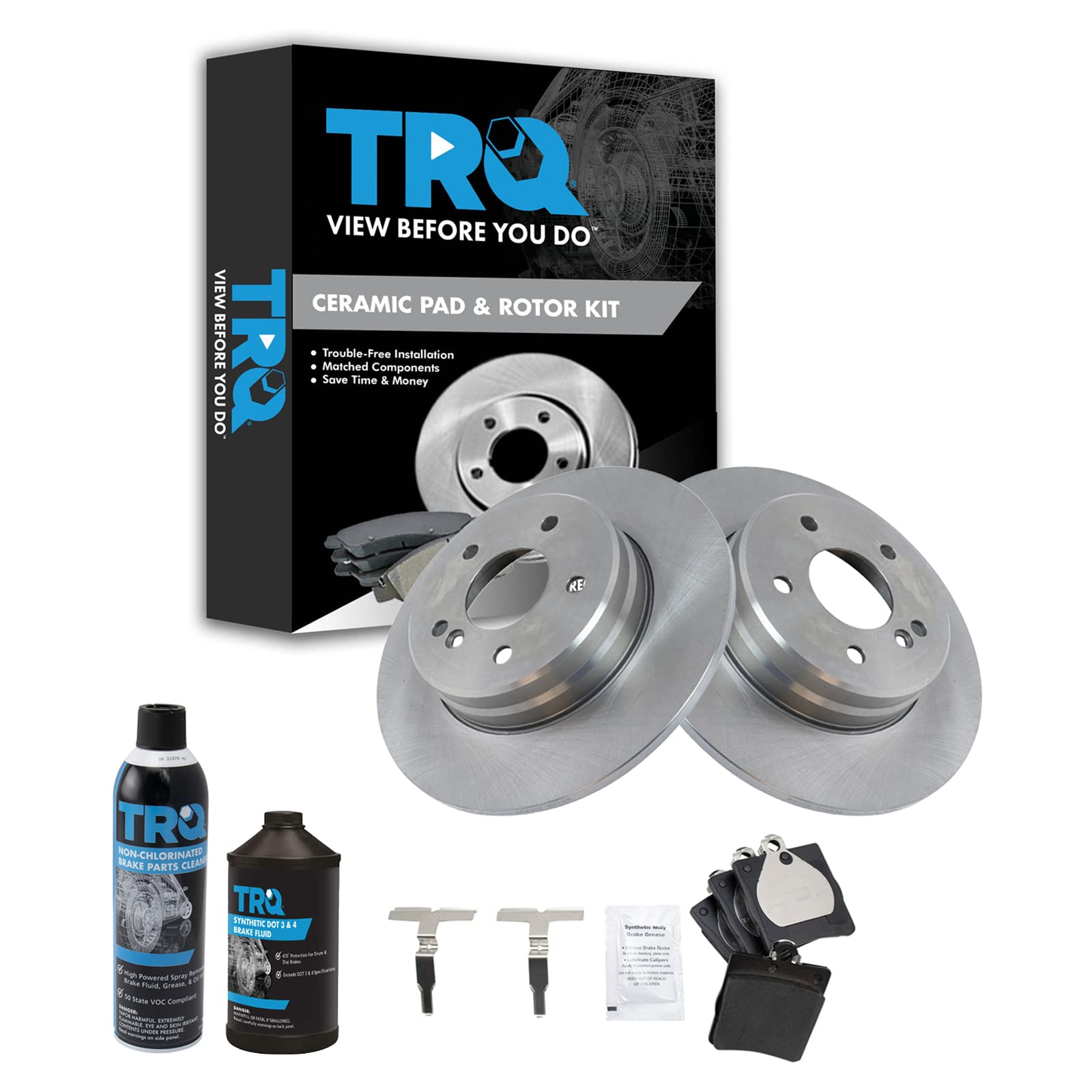 TRQ Ceramic Rear Brake Pad and Rotor Kit for 96-11 Mercedes-Benz C-Class E-Class - Smooth Stopping Power for City Driving & Highway Commutes