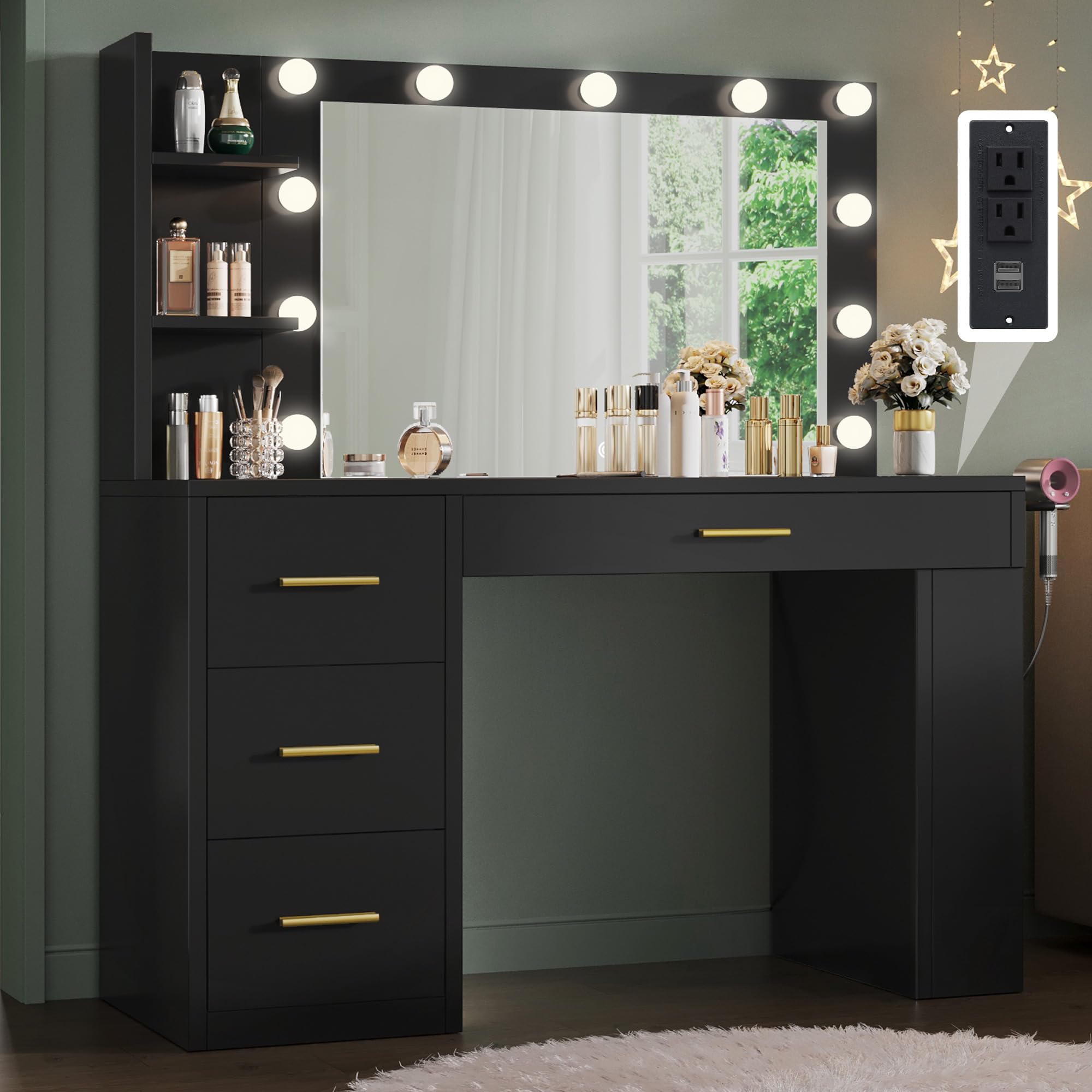 YITAHOME Vanity Desk with Mirror & LED Lights, Makeup Dressing Table with USB Charging Station, Large Vanity Set with 4 Drawers & 6 Storage Shelves, Black - Perfect for Bedroom, Dorm Room & Beauty Salon Organization
