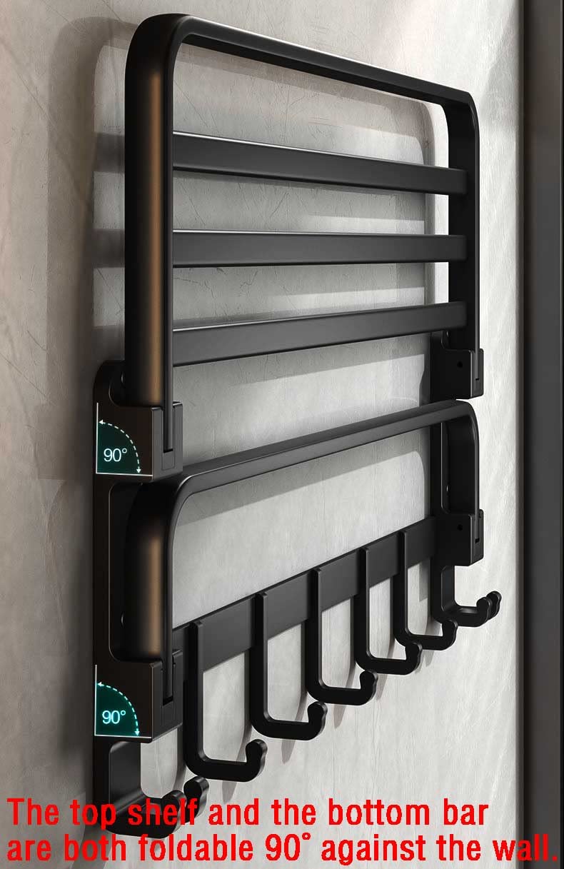 Matte Black No Drill Wall Mounted Towel Rack - 22.5 Inch Double Towel Rod with Shelf for Bathroom, Shower & Hotel Use - Rustproof Bathroom Organizer for Spa-Like Experience