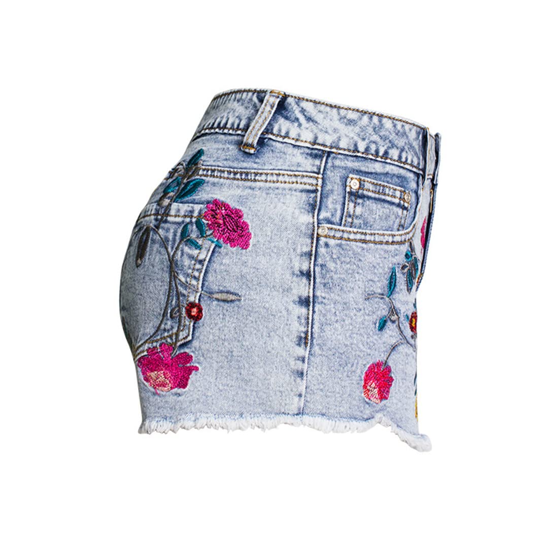 Women's High Waist Embroidered Flower Denim Shorts - Summer Fashion Short Jeans for Casual Outfits, Beach Wear & Street Style