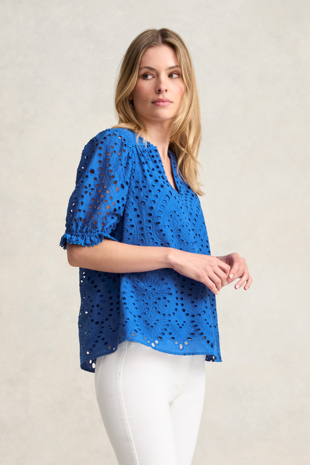 Stylish Cotton Broderie Blouse in Deep Blue | Women's Elegant Embroidered Top for Casual & Office Wear