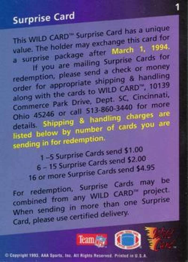 1993 Wild Card Football #1 Surprise Official NFL Trading Card - Rare Collectible for Sports Fans & Memorabilia Enthusiasts - Perfect for Gifts, Display, and Investment
