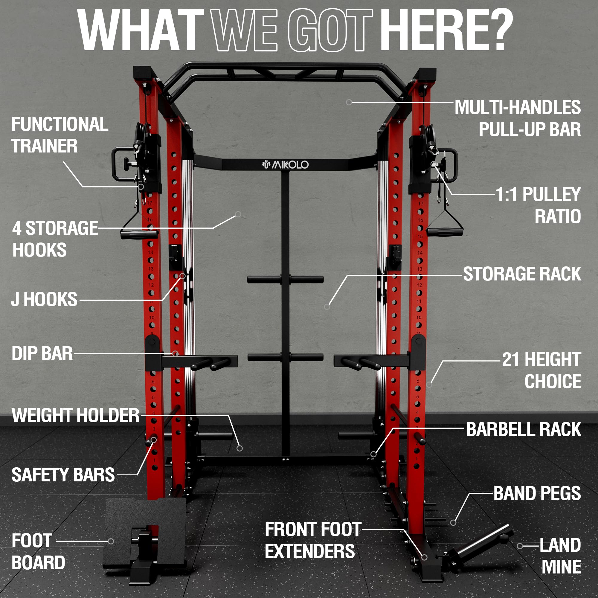 Mikolo Power Cage - Heavy Duty 2200 lbs Capacity Power Rack with Cable Crossover & Dual Pulley System for Home Gym | Squat Rack with Training Attachments (PC07) | Perfect for Strength Training, CrossFit & Bodybuilding Workouts