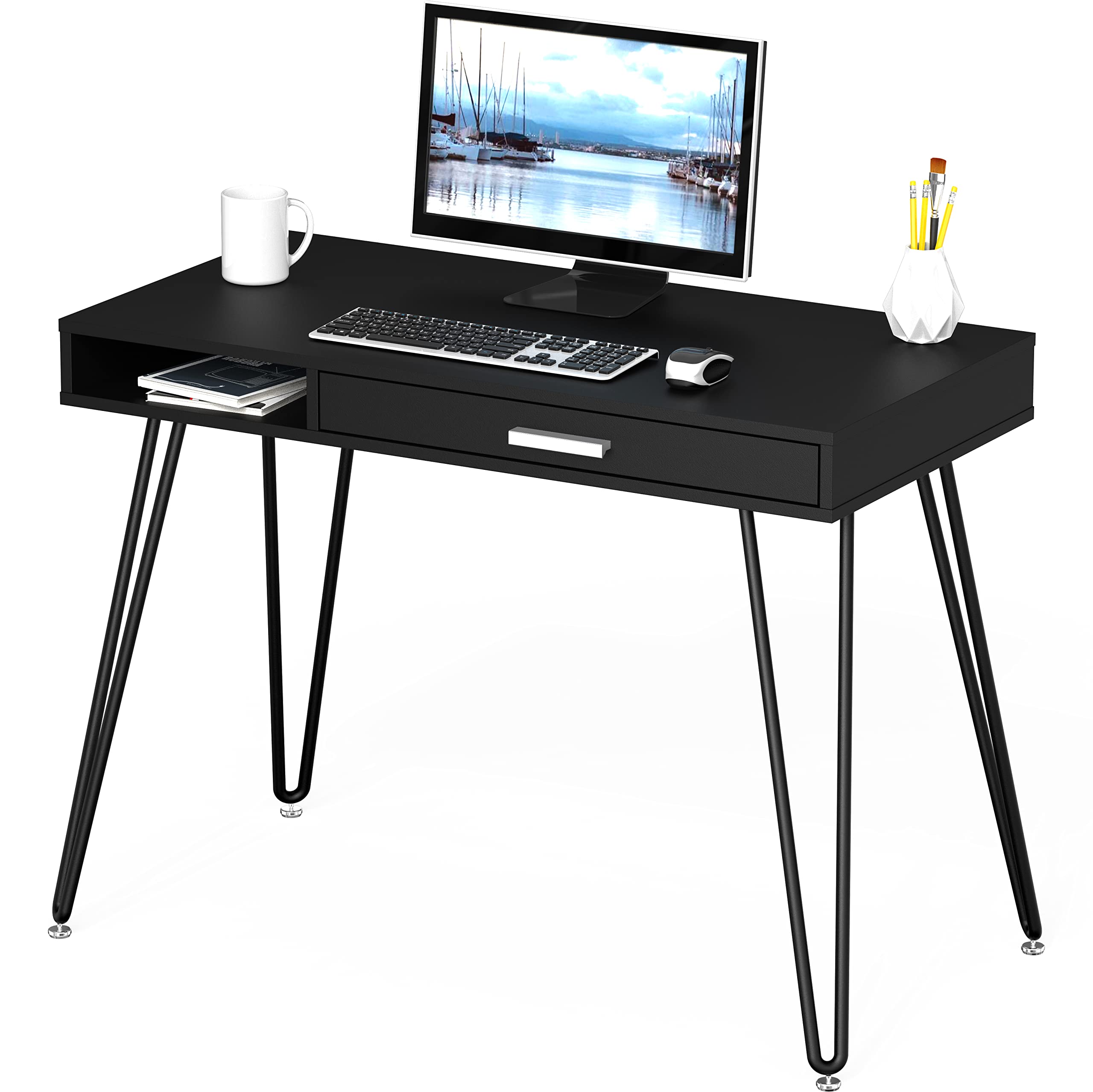 SHW Modern Home Office Computer Desk with Drawer & Hairpin Legs - Black Wooden Writing Table for Small Spaces, Work from Home, Study & Gaming (60
