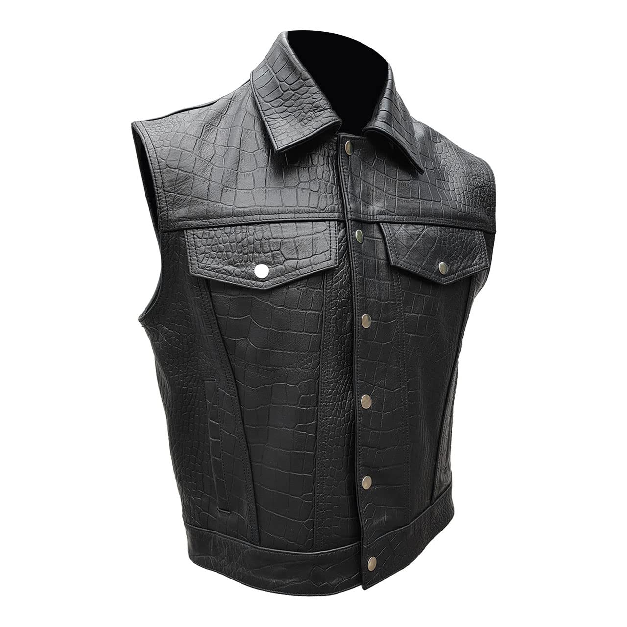 Vintage Men's Crocodile Embossed Leather Motorcycle Jacket Vest - Biker Style Outerwear for Riding & Casual Wear