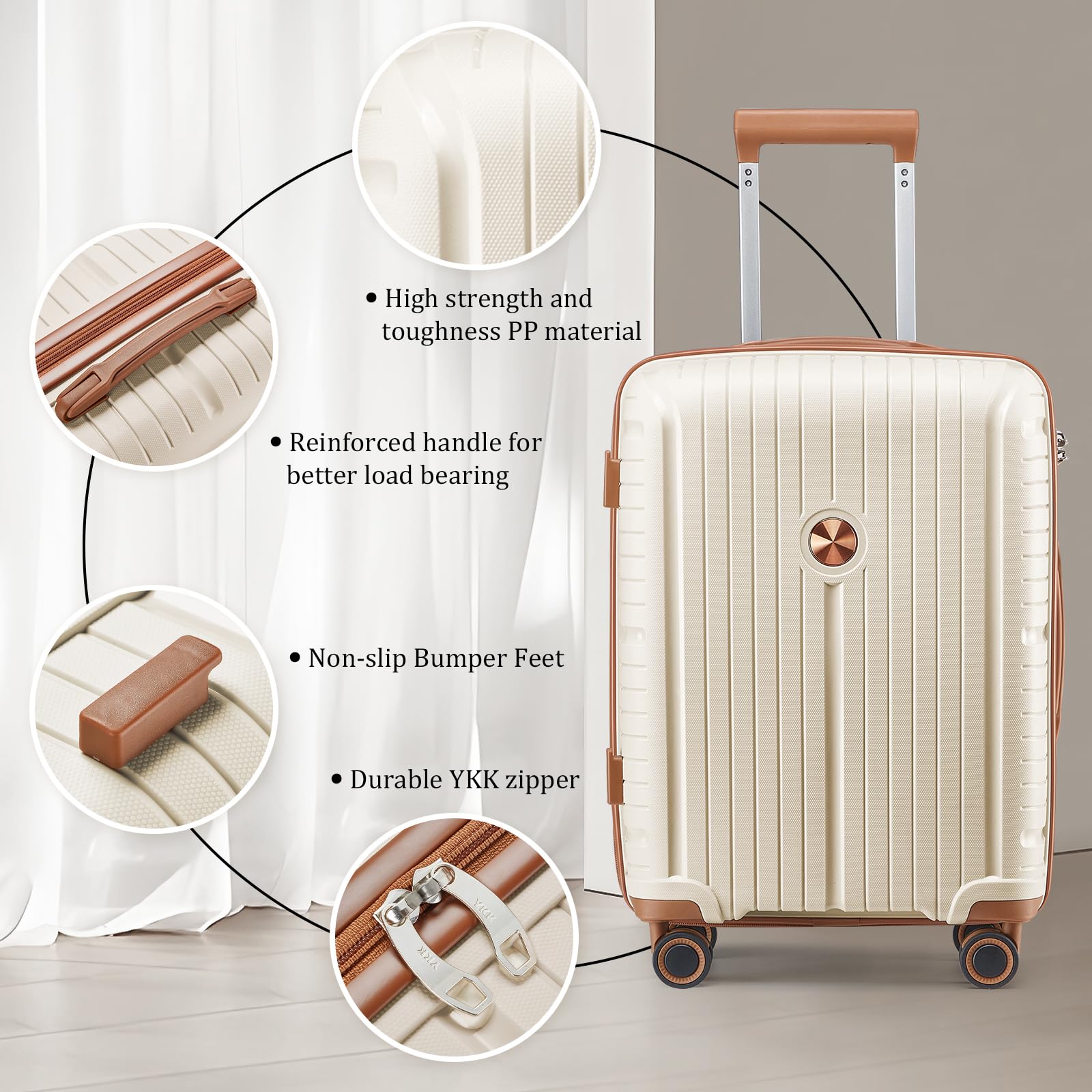 Joyway 5-Piece Hardshell Luggage Set - Lightweight PP Carry-On Suitcase with Double Spinner Wheels & TSA Lock (Beige Brown) - Perfect for Air Travel, Business Trips & Family Vacations