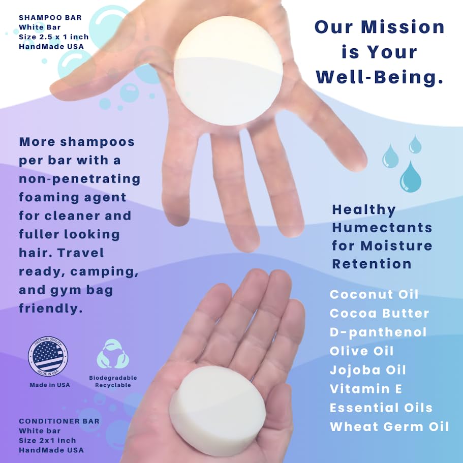 SpiraLeaf Shampoo Bar & Conditioner Bar Set with Fresh Lavender Essential Oils | Light Scent, Limited Ingredients, Concentrated Formula | Zero Waste, Travel-Friendly Hair Care | Made in USA | Perfect for Eco-Conscious Travelers & Sustainable Home Use