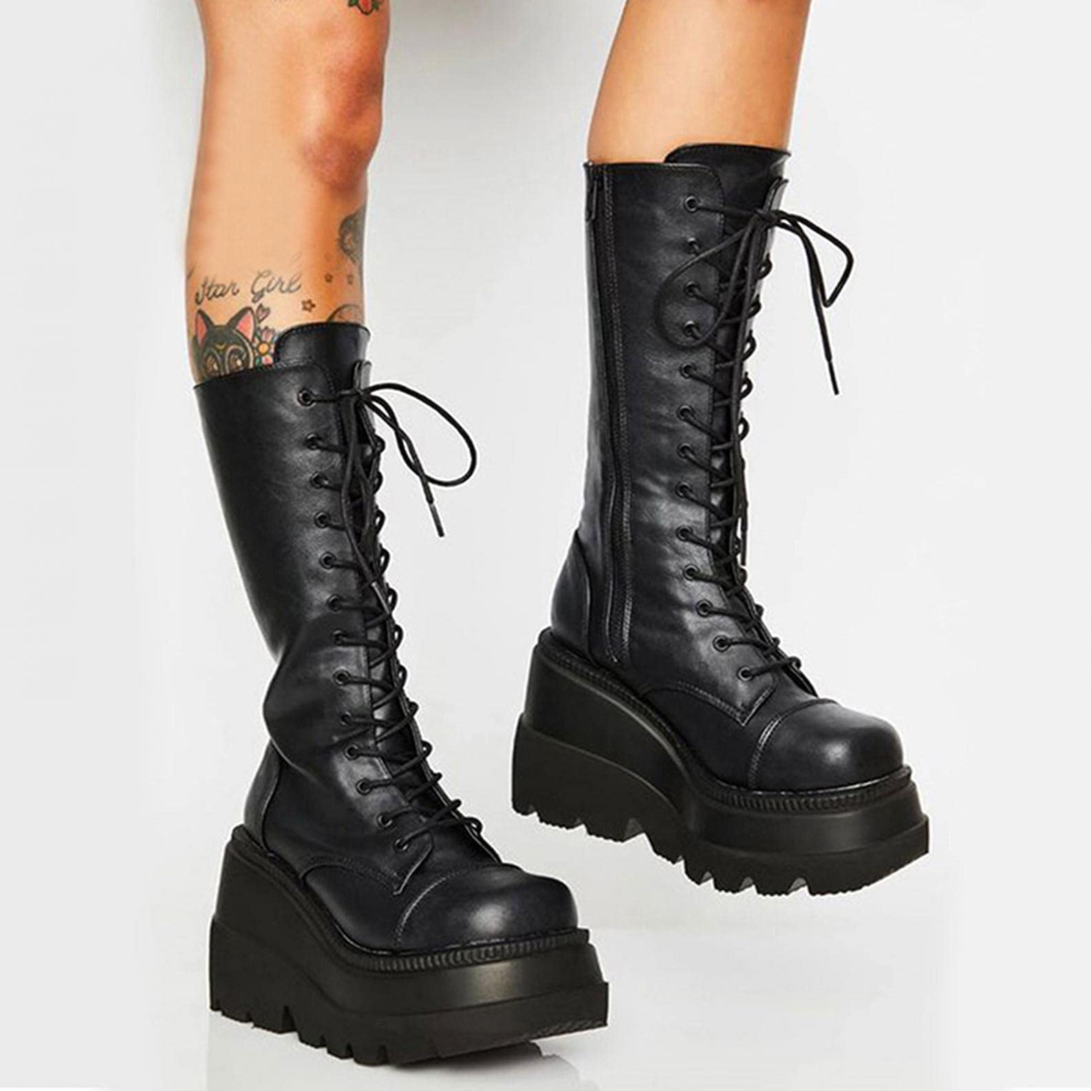 **Gothic Punk Platform Boots for Women - Knee High Motorcycle Combat Boots with Rivets & Lace Straps | Gothic Fashion, Halloween Costume, Cosplay & Night Out**