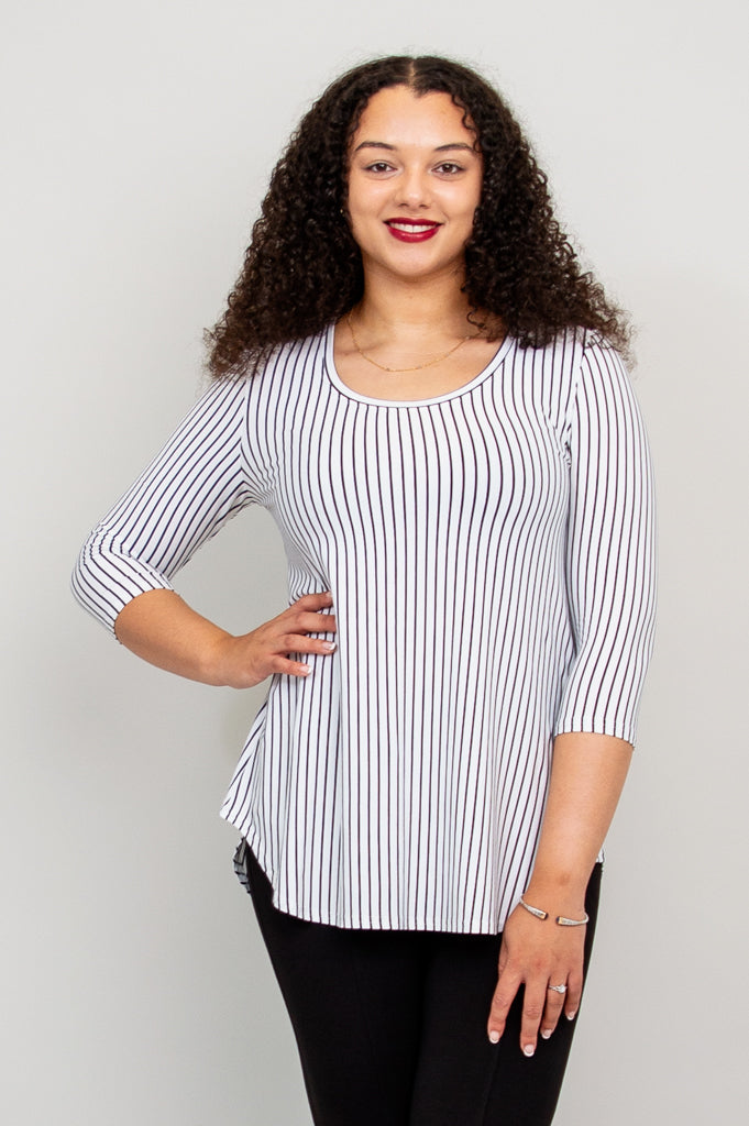 Jazz 3/4 Sleeve Top for Women - White & Black Small Stripe Bamboo Viscose Blouse - Breathable & Comfortable Summer Tops - Perfect for Casual Wear, Office Outfits & Date Nights