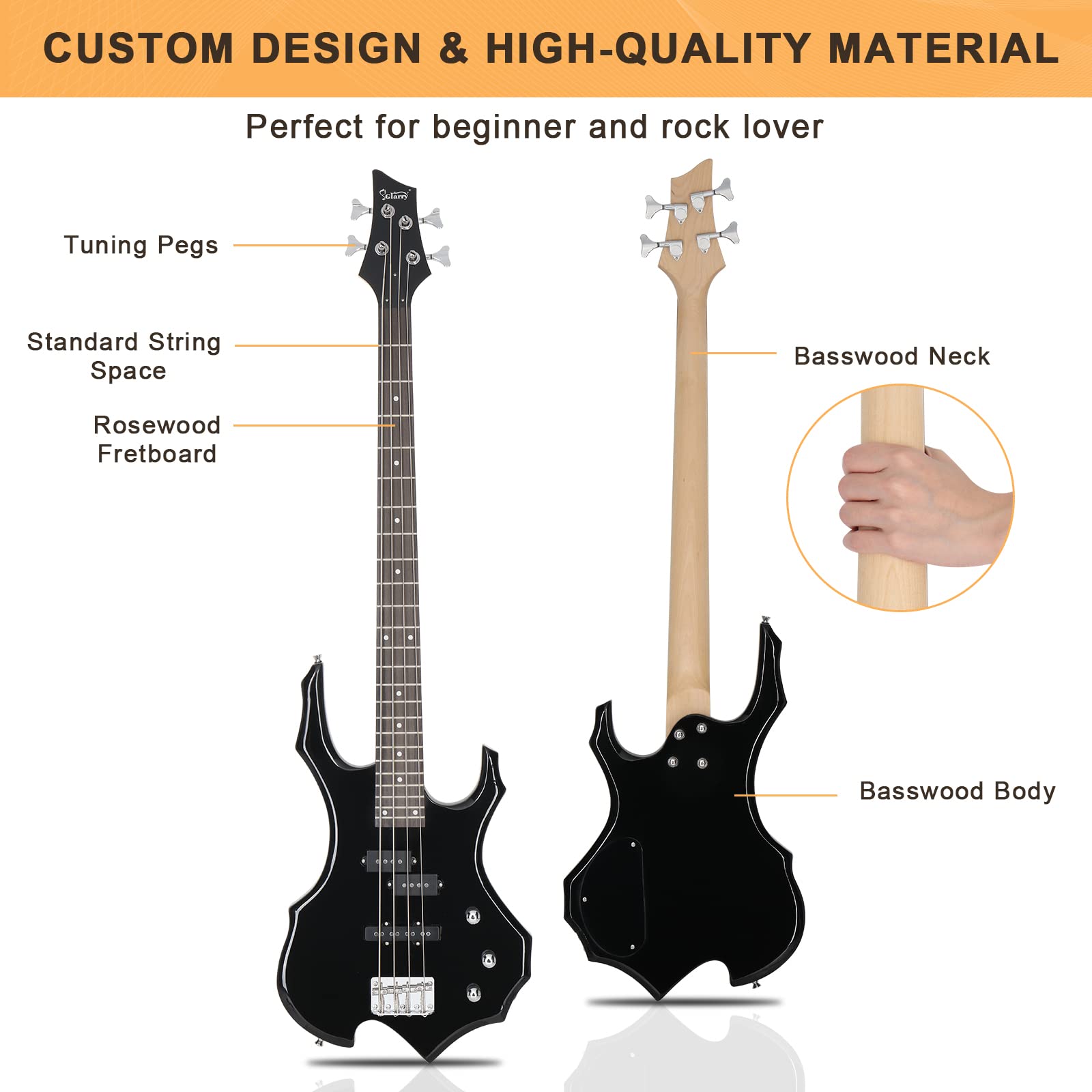 GLARRY Electric Bass Guitar 4 Strings - Burning Fire Style with Single Coil & Split Pickups for Beginners & Adults (Right Hand) - Includes 20W Amp, Gig Bag, Strap & Cable (Black) - Perfect for Rock, Metal & Live Performances