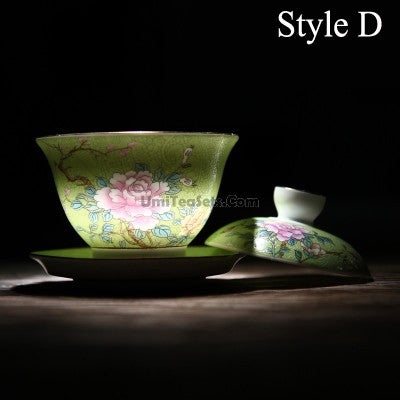 Premium Enamel Porcelain Flower Gaiwan Tea Set - Traditional Chinese Tea Cup with Lid & Saucer - Perfect for Gongfu Tea Ceremony, Home Decor, and Gift Giving