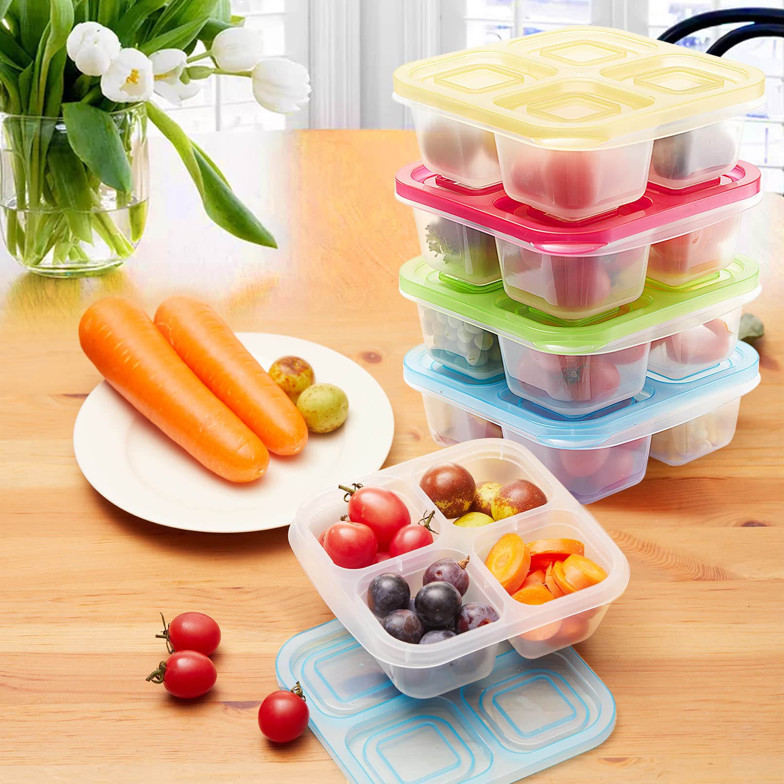Bento Snack Boxes 10 Pack - 4-Compartment Stackable Food Storage Containers with Lids | BPA Free, Dishwasher Safe Reusable Lunch Boxes for Kids & Adults | Perfect for School, Office, Picnics & Meal Prep