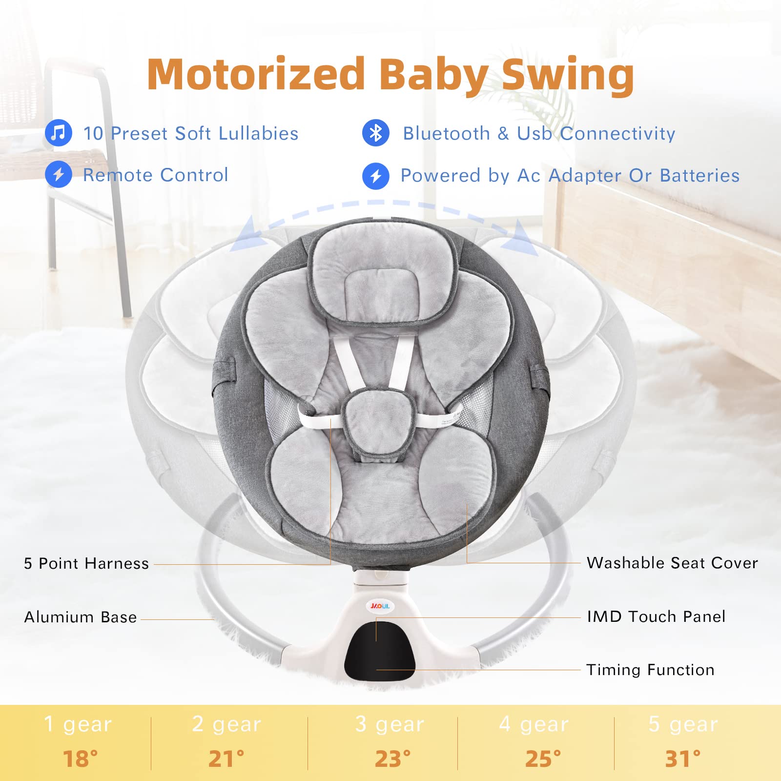 Jaoul Baby Swing for Infants - Electric Portable Newborn Bouncer with Bluetooth, Touch Screen & Remote Control, 5 Speed Settings, 3 Reclining Positions - Perfect for Nursery, Daycare or Travel (Gray)