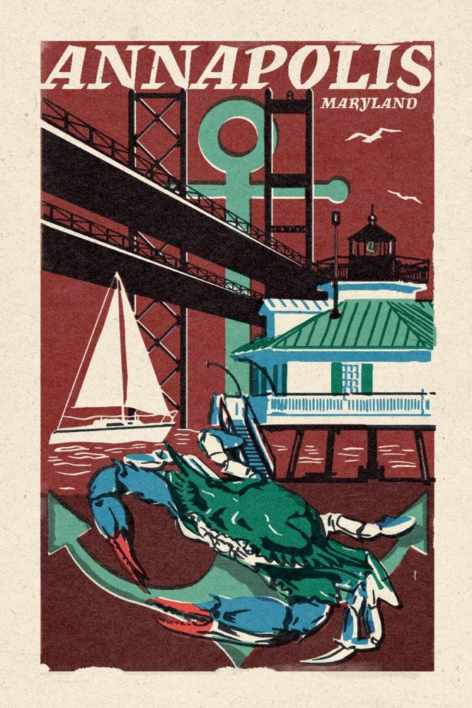Lantern Press Annapolis Maryland Woodblock Art - 16x24 Wrapped Canvas Wall Decor - Coastal Home & Office Decoration for Living Room, Bedroom or Gift