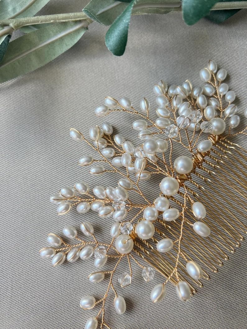 Elegant Golden Pearl Hair Comb - Bridal Hair Accessories for Wedding, Bridesmaid, and Special Occasions | Floral Hair Pin, Bun Comb, Juda Pin, Hair Jewelry Brooch | Perfect for Weddings, Prom, and Formal Events