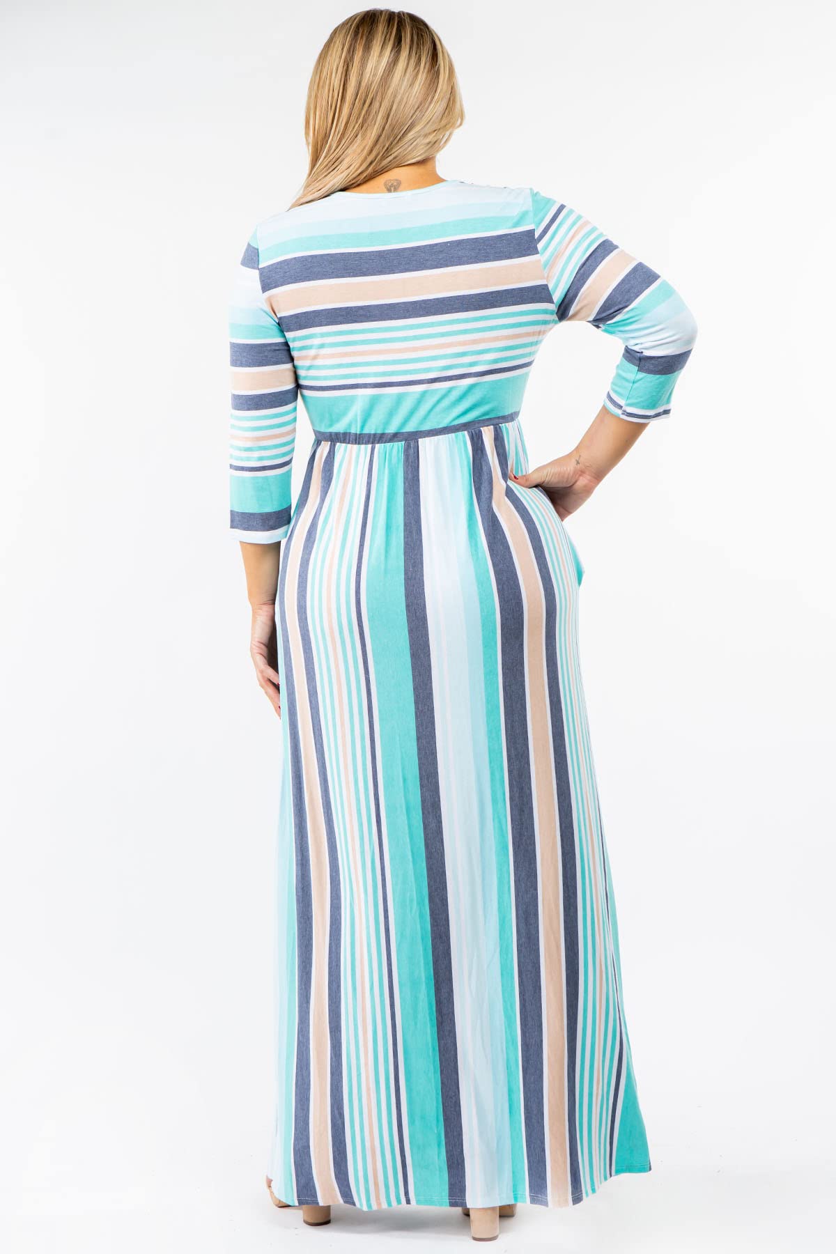 Eloges Women's ¾ Sleeve Contrast Floral & Stripe Maxi Dress - Elegant Summer Beach Dress for Vacation, Party & Casual Wear
