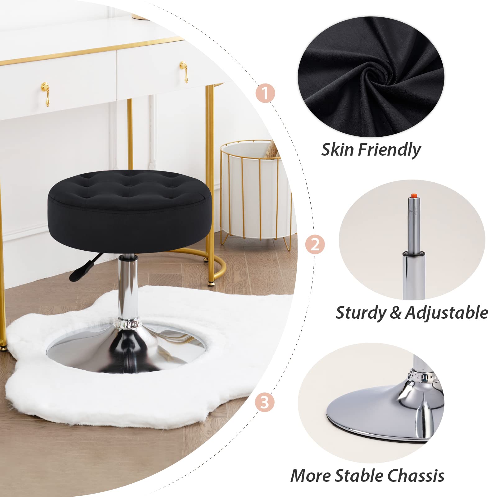 Modern Round Velvet Vanity Stool - Black Velvet Ottoman Makeup Stool for Bedroom, Living Room & Entryway | Contemporary Accent Seat for Dressing Table, Boudoir & Home Decor