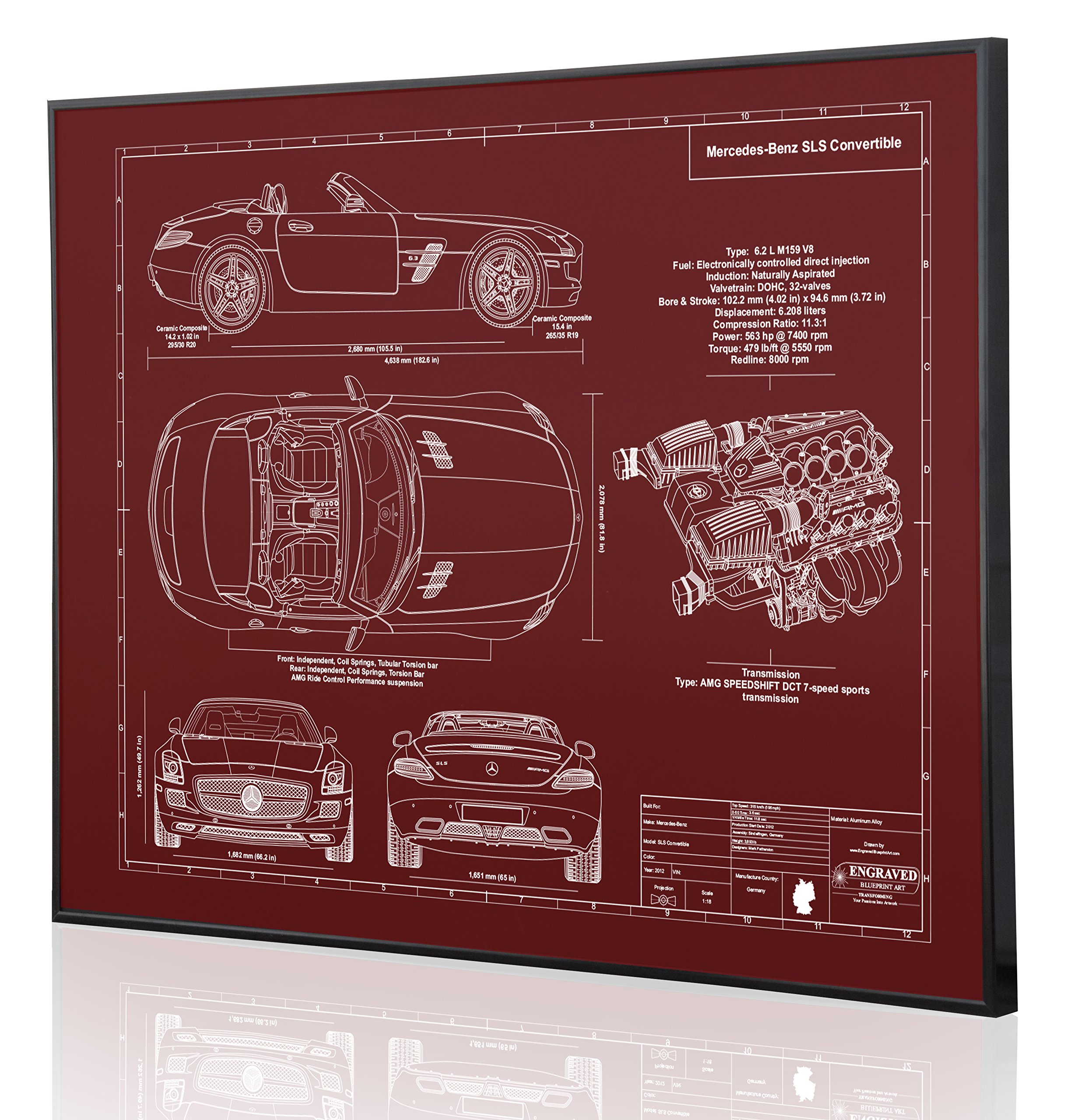 Mercedes-Benz SLS Convertible Blueprint Art Print - Laser Engraved Personalized Car Gift for Men - Home Office Wall Decor & Auto Enthusiast Present