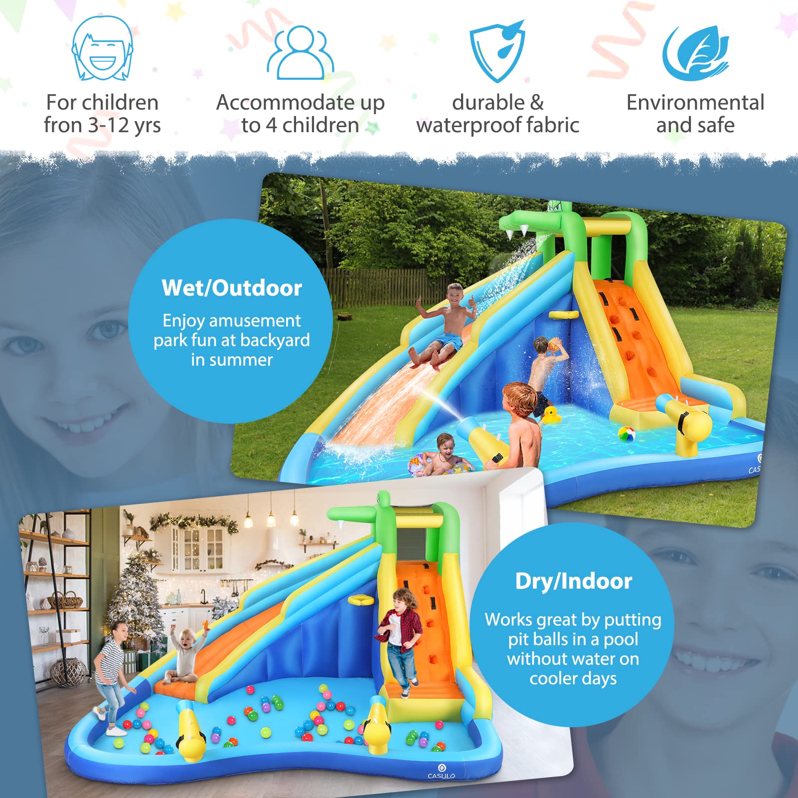 WHUBEFY 7-in-1 Inflatable Water Slide for Kids - Bounce House with Blower, Splash Pool, Water Gun & Climbing Wall | Backyard Water Park for Summer Fun | Perfect for Birthday Parties, Family Gatherings & Outdoor Play