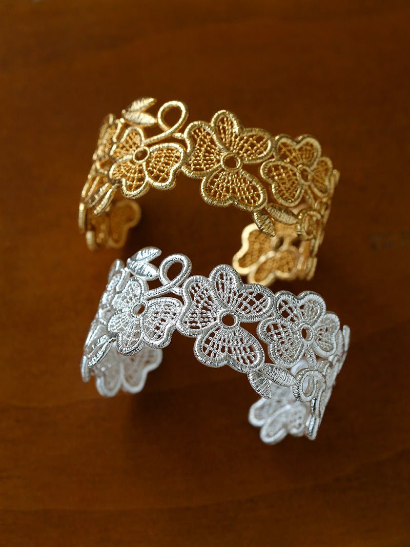 Whisper of Lace Wide Embroidered Cuff Bracelet in Gold - Elegant Boho Jewelry for Women, Perfect for Weddings, Parties & Special Occasions