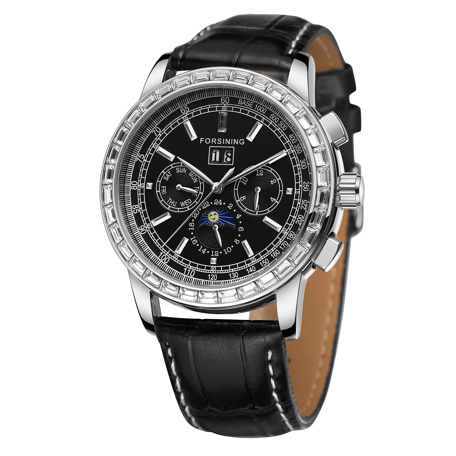 FORSINING Men's Waterproof Automatic Diamond Analog Watch - Genuine Leather Strap with Moon Phase Display - Luxury Dress Watch for Business, Formal Events & Gifts