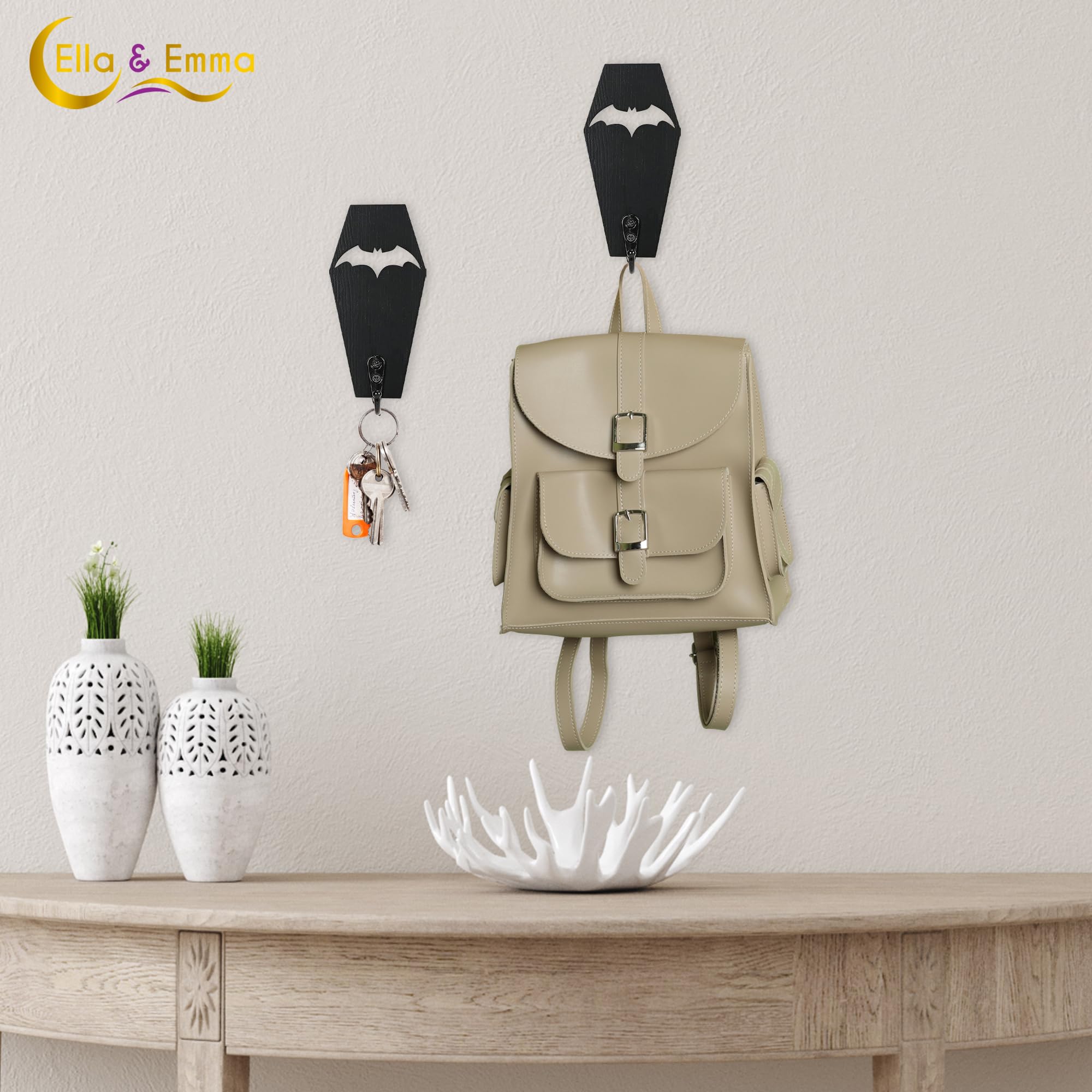 Ella & Emma Gothic Wall Mounted Coffin-Shaped Key Holder with Hook - Spooky Halloween Home Decor (2-Piece Set: Coffin & Bat) - Perfect for Entryway, Bedroom, or Halloween Party Decoration