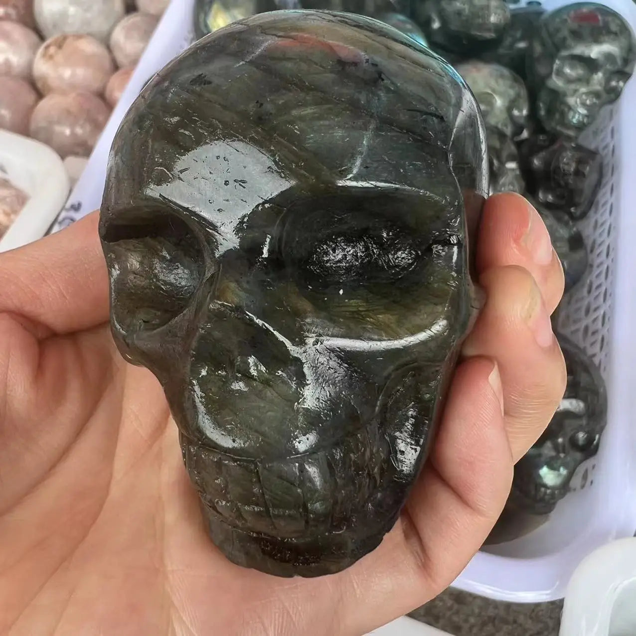 400-500g Natural Labradorite Quartz Skull - Hand Carved Healing Crystal for Meditation, Reiki, and Spiritual Energy Work - Perfect for Home Decor, Yoga Spaces, and Crystal Collections