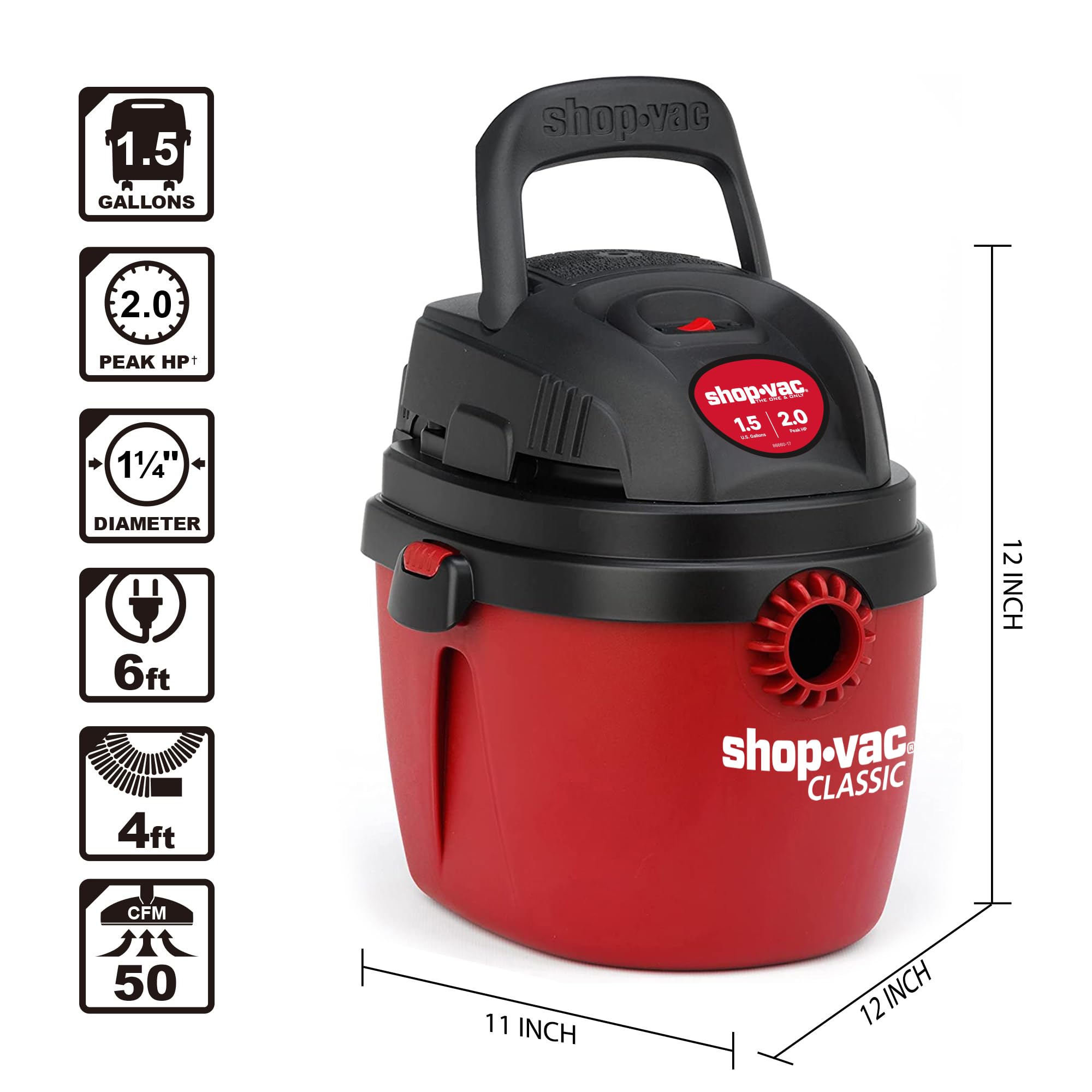 Shop-Vac 1.5 Gallon 2.0 Peak HP Wet Dry Vacuum Cleaner - Portable Compact Shop Vac with Collapsible Handle, Wall Mount Bracket & Accessories (Model 2030100) - Ideal for Home, Garage, Workshop, Car Cleaning & DIY Projects